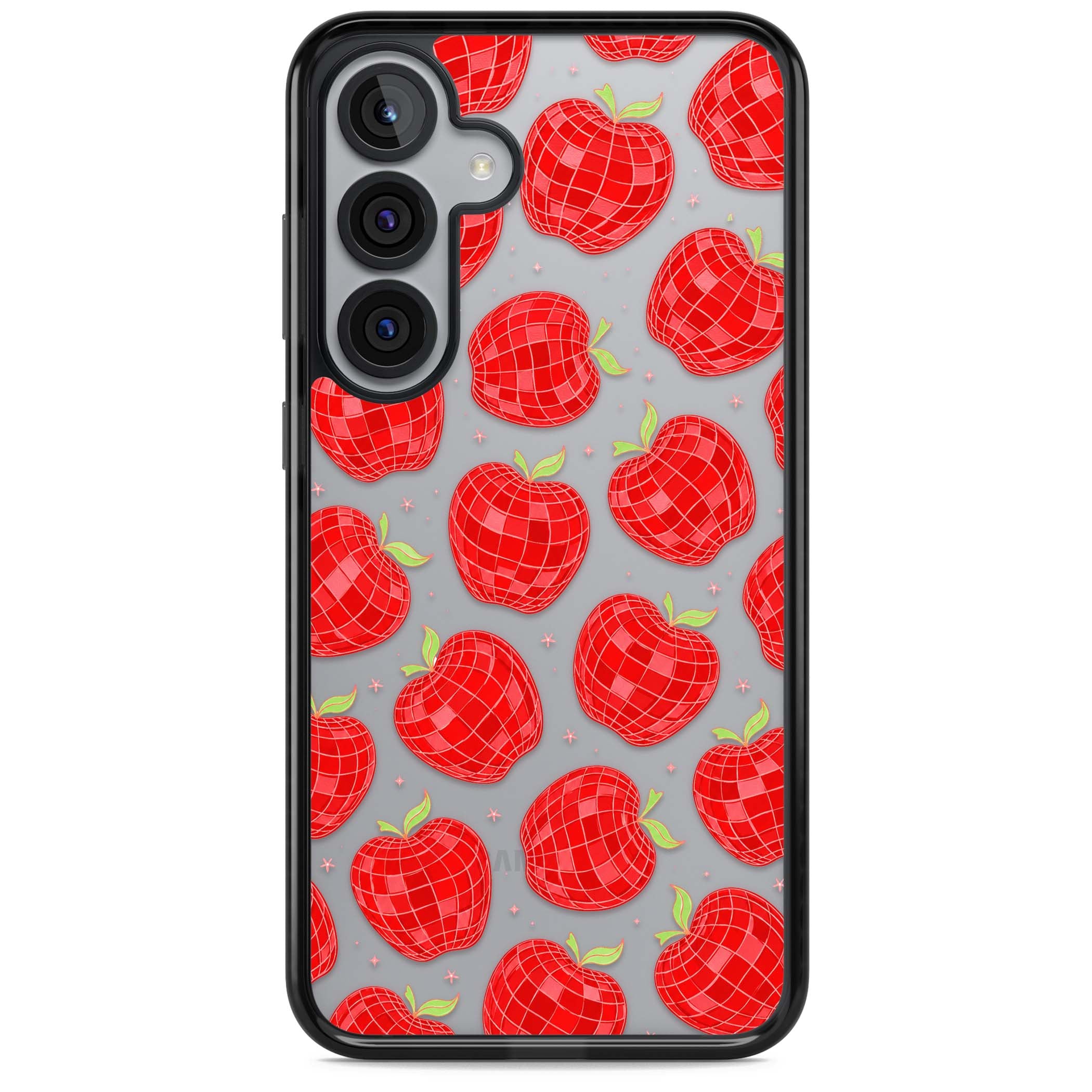 Disco Apples Y2K iPhone case featuring red disco ball apples, green leaves and pink sparkles on clear | Black Impact case for Samsung Galaxy S25, Samsung Galaxy S25 Plus
