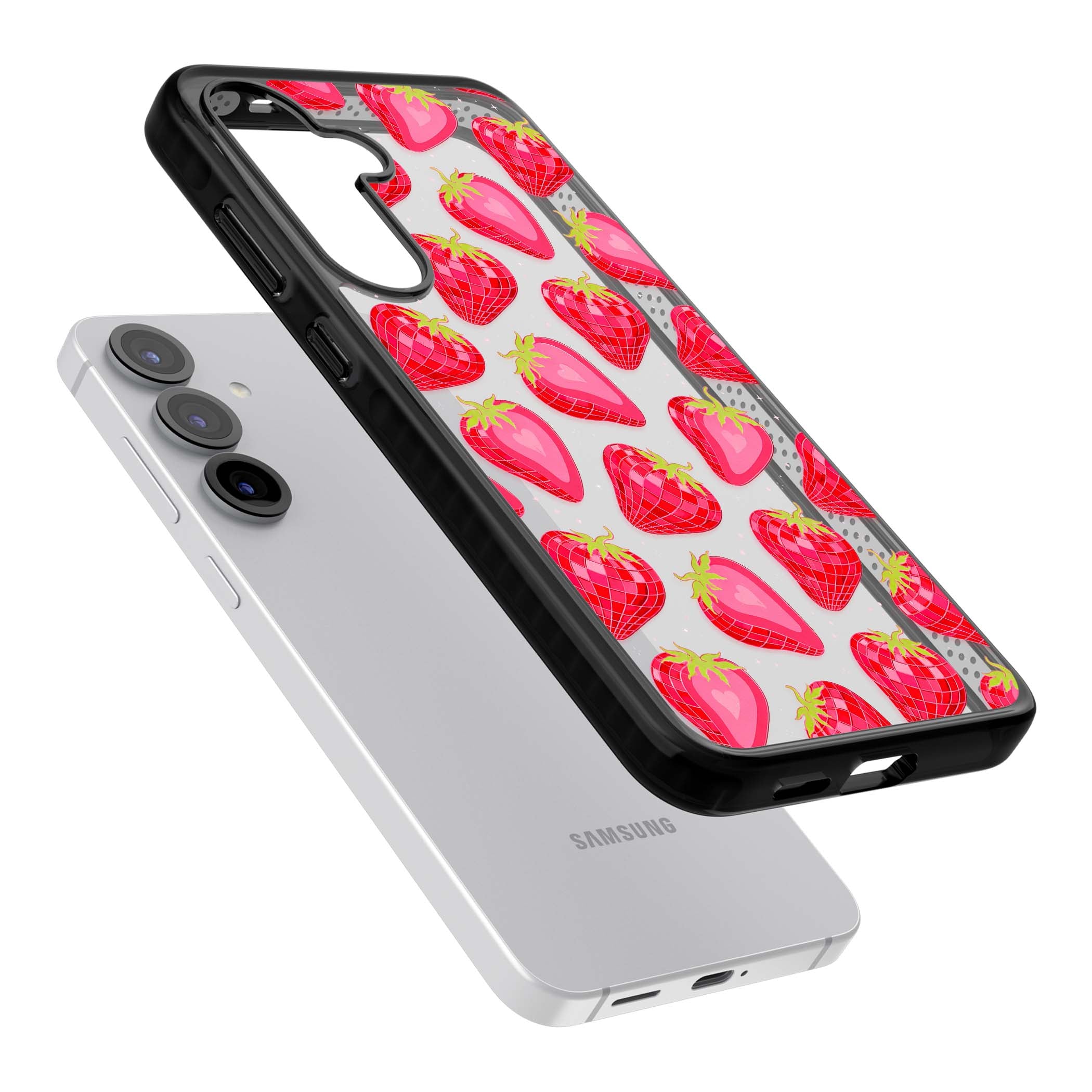 Disco Strawberry Y2K iPhone case featuring pink disco-ball strawberries, green leaves and tiny sparkles | Black Impact case for Samsung Galaxy S25, Samsung Galaxy S25 Plus