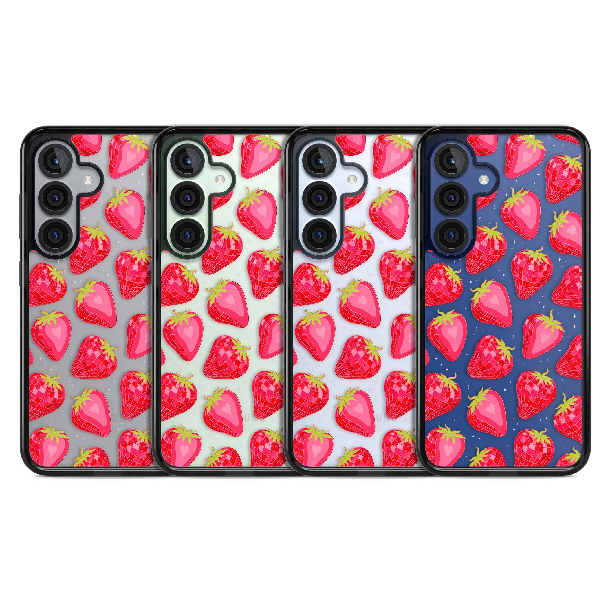 Disco Strawberry Y2K iPhone case featuring pink disco-ball strawberries, green leaves and tiny sparkles | Black Impact case for Samsung Galaxy S25, Samsung Galaxy S25 Plus