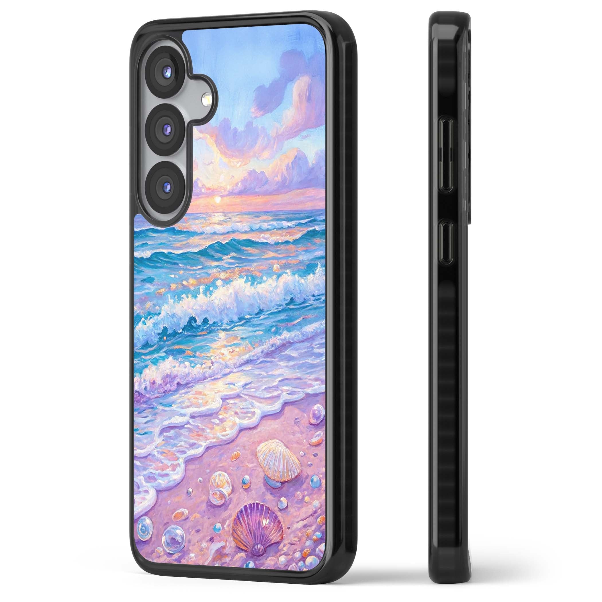 Pearl Shore coastal iPhone case featuring pastel painted waves, seashells, and a sunrise sky over a lavender beach. | Black Impact case for Samsung Galaxy S25, Samsung Galaxy S25 Plus