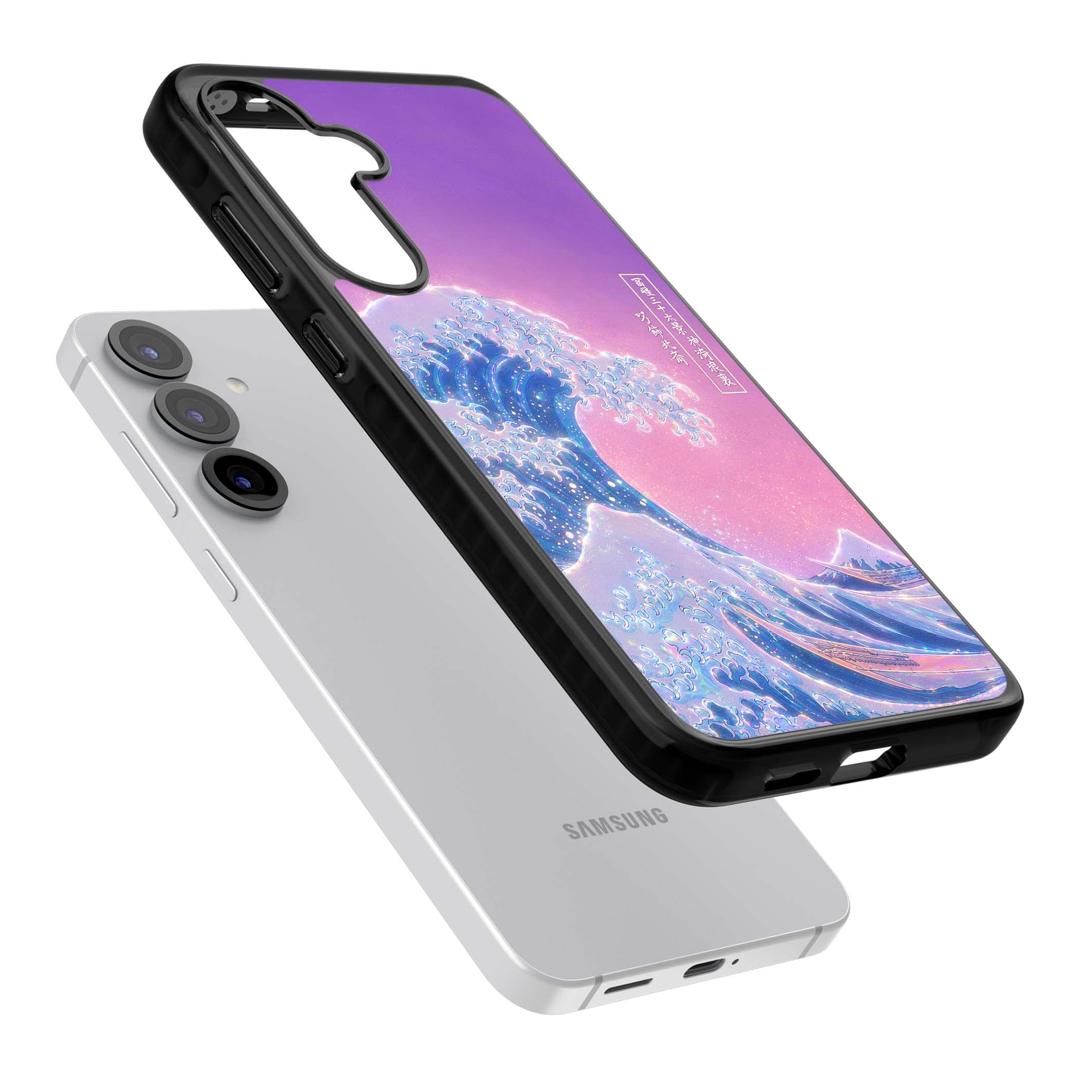 The Great Opal Wave Japanese iPhone case featuring Hokusai's great wave in iridescent pastels with lilac sky and Mou | Black Impact case for Samsung Galaxy S25, Samsung Galaxy S25 Plus
