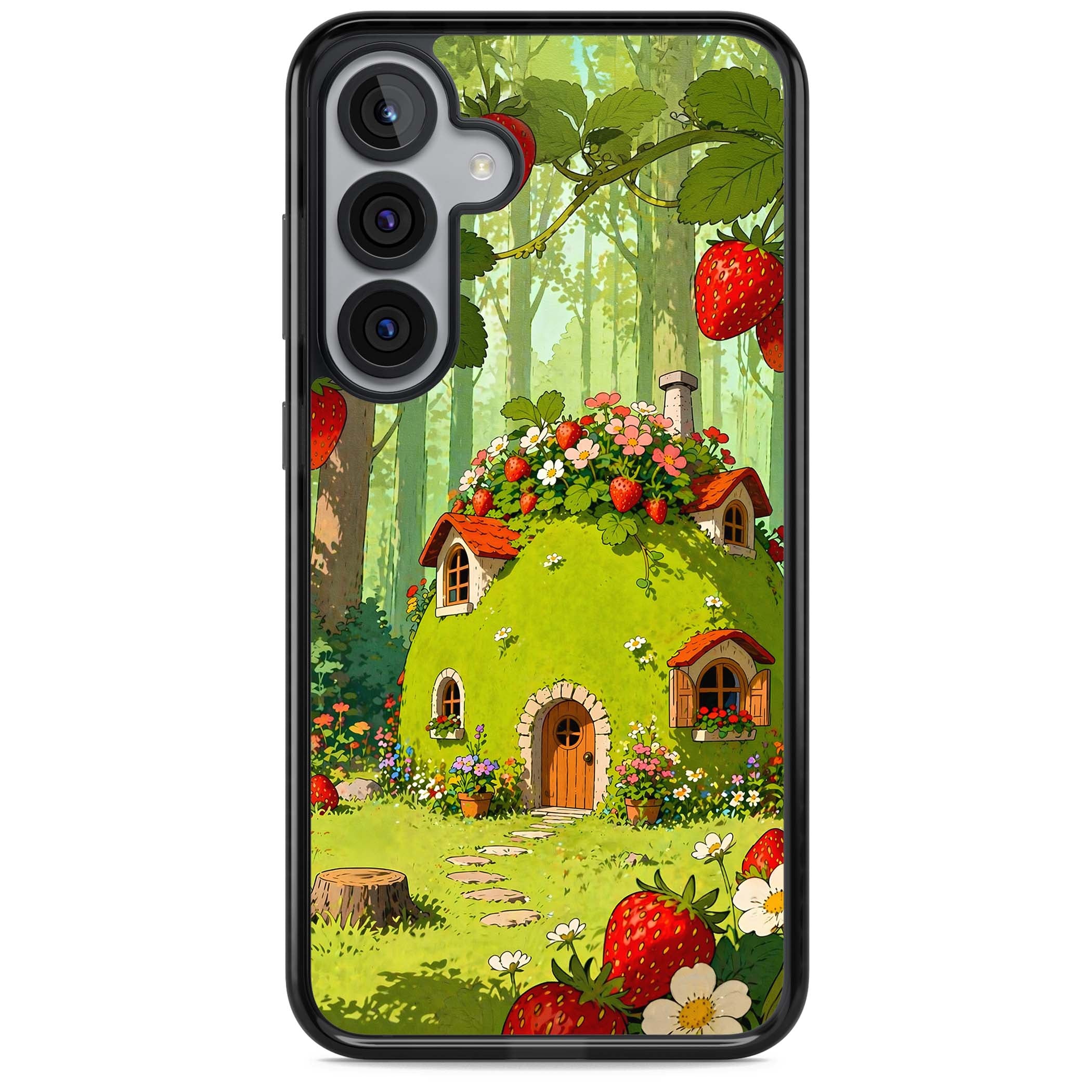 Strawberry Cottage cottagecore iPhone case featuring a green fairy house, wild strawberries and enchanted forest flowers | Black Impact case for Samsung Galaxy S25, Samsung Galaxy S25 Plus
