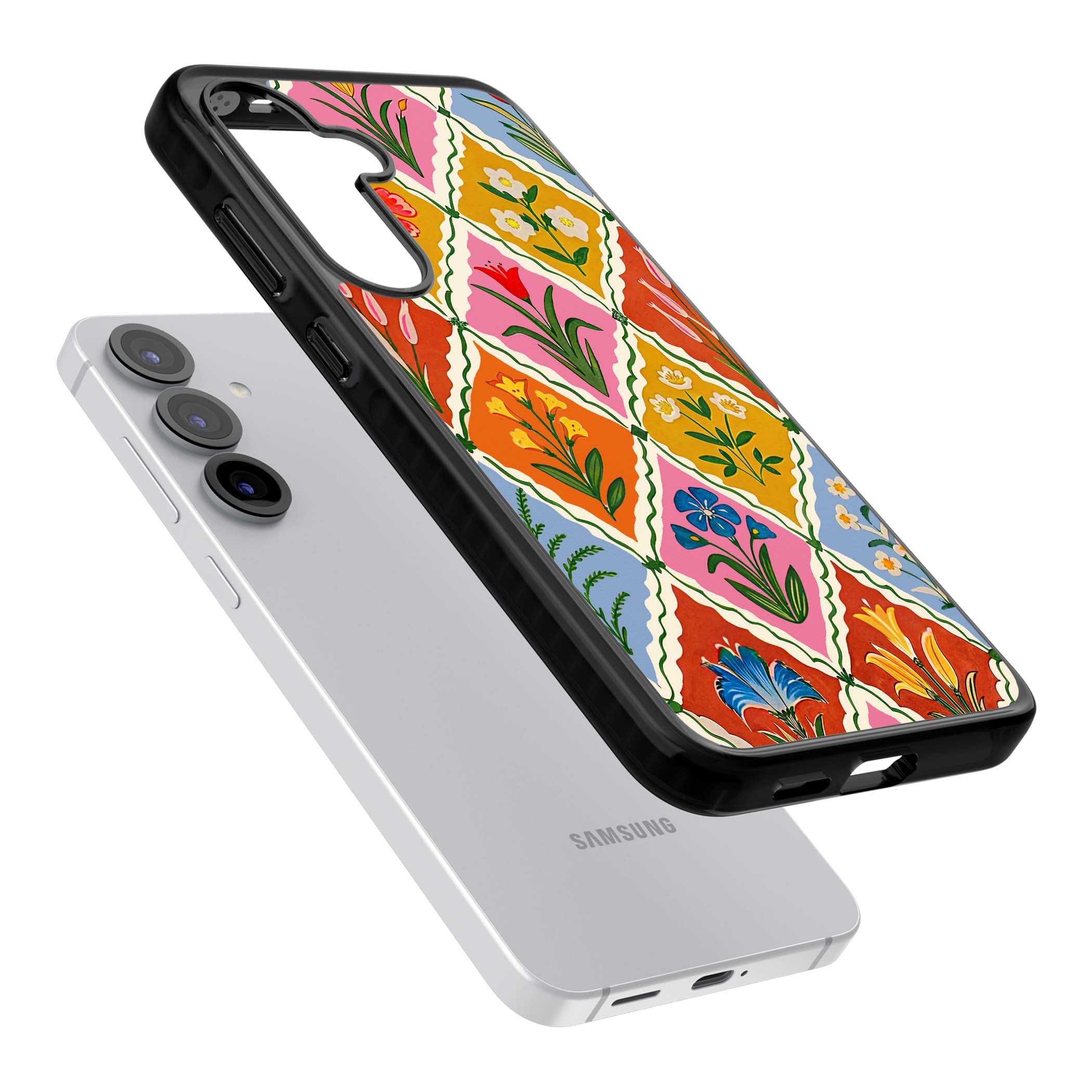 Floral Quilt boho floral iPhone case featuring diamond lattice pattern, hand-painted tulips and folk art wildflowers | Black Impact case for Samsung Galaxy S25, Samsung Galaxy S25 Plus