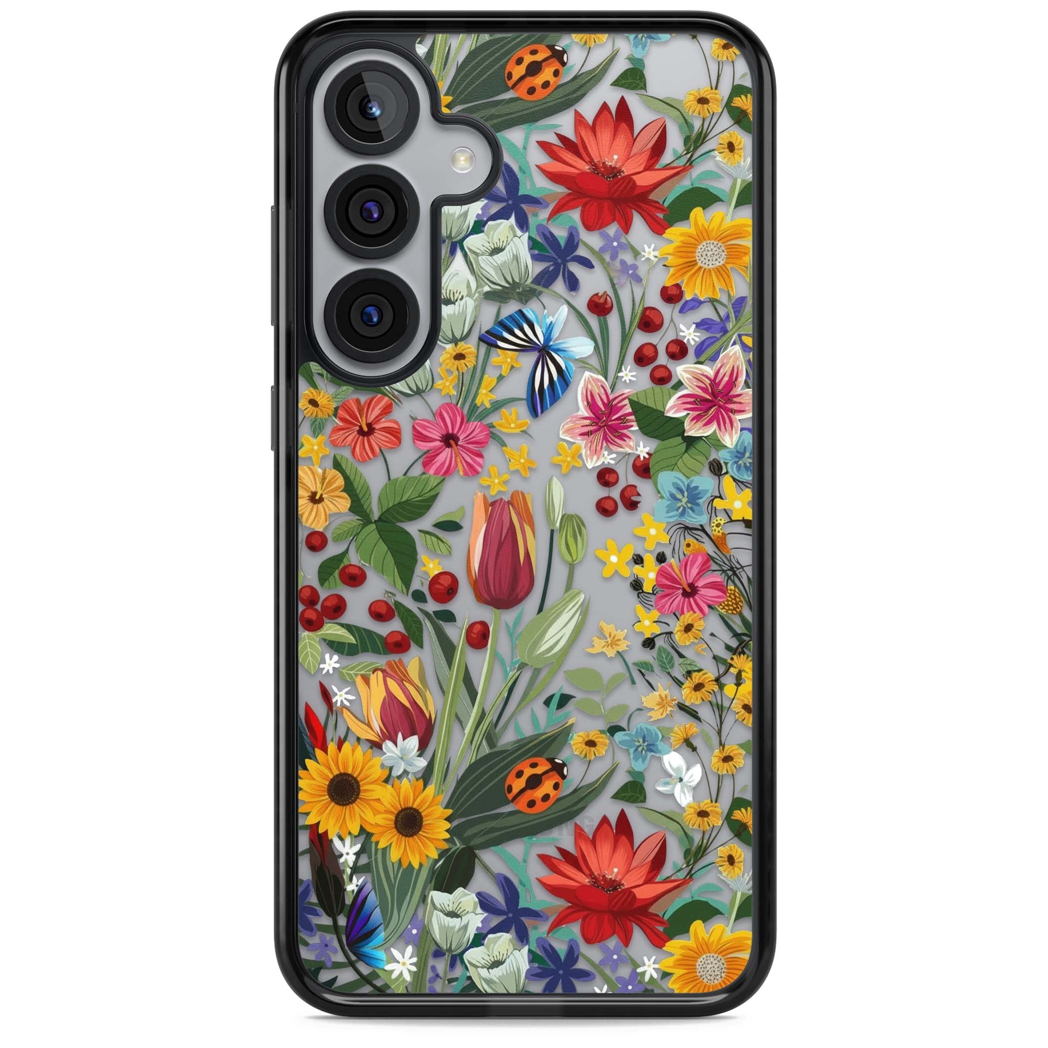 Botanical Bloom cottagecore iPhone case featuring colorful wildflowers, sunflowers, and ladybugs on clear background | Black Impact case for Samsung Galaxy S25, Samsung Galaxy S25 Plus