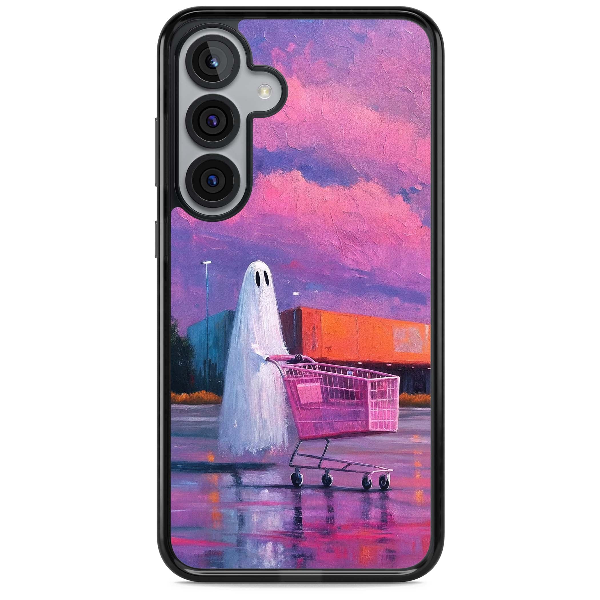 A Ghost's Errand ghost halloween iPhone case featuring a painted ghost, pink shopping trolley and purple sunset sky | Black Impact case for Samsung Galaxy S25, Samsung Galaxy S25 Plus