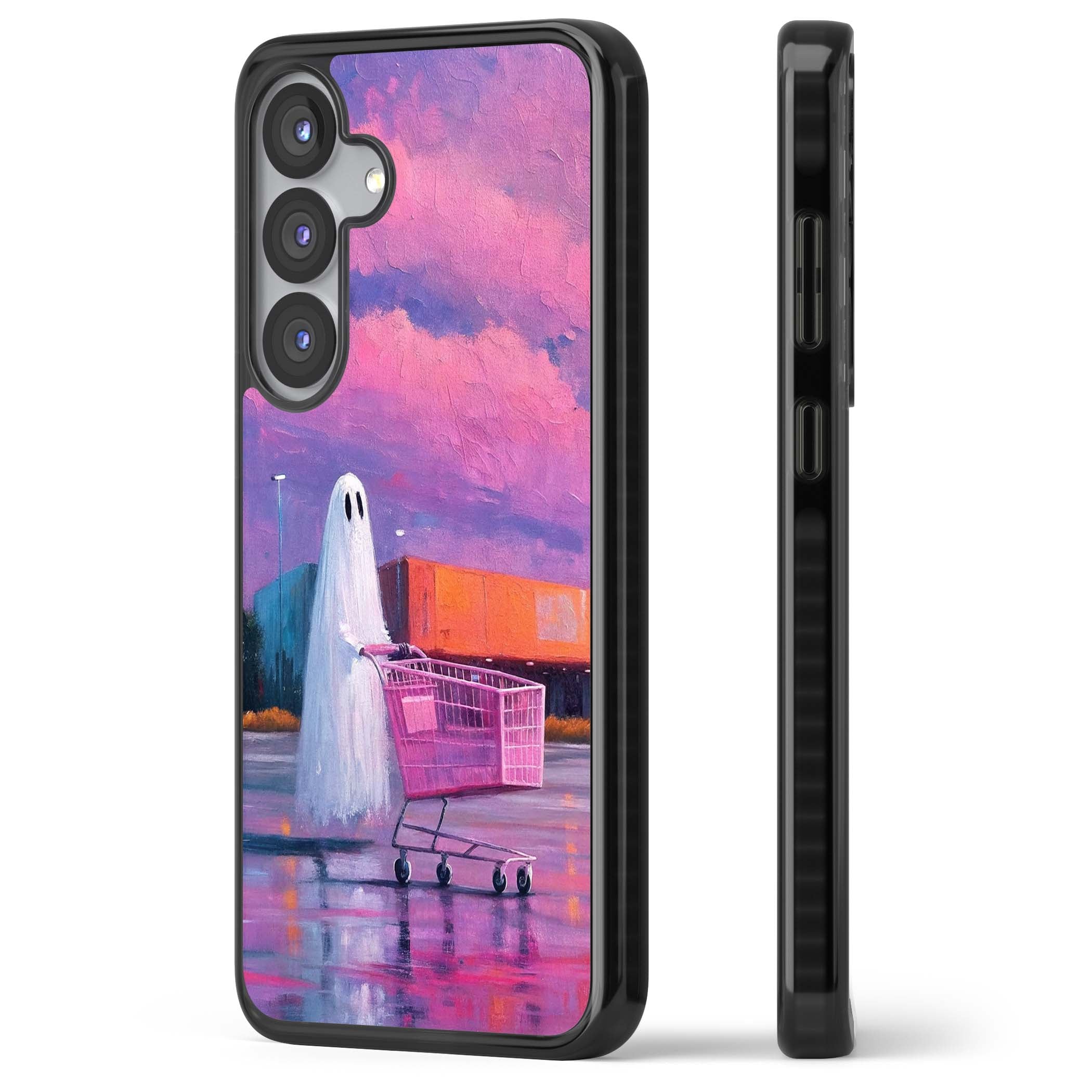 A Ghost's Errand ghost halloween iPhone case featuring a painted ghost, pink shopping trolley and purple sunset sky | Black Impact case for Samsung Galaxy S25, Samsung Galaxy S25 Plus