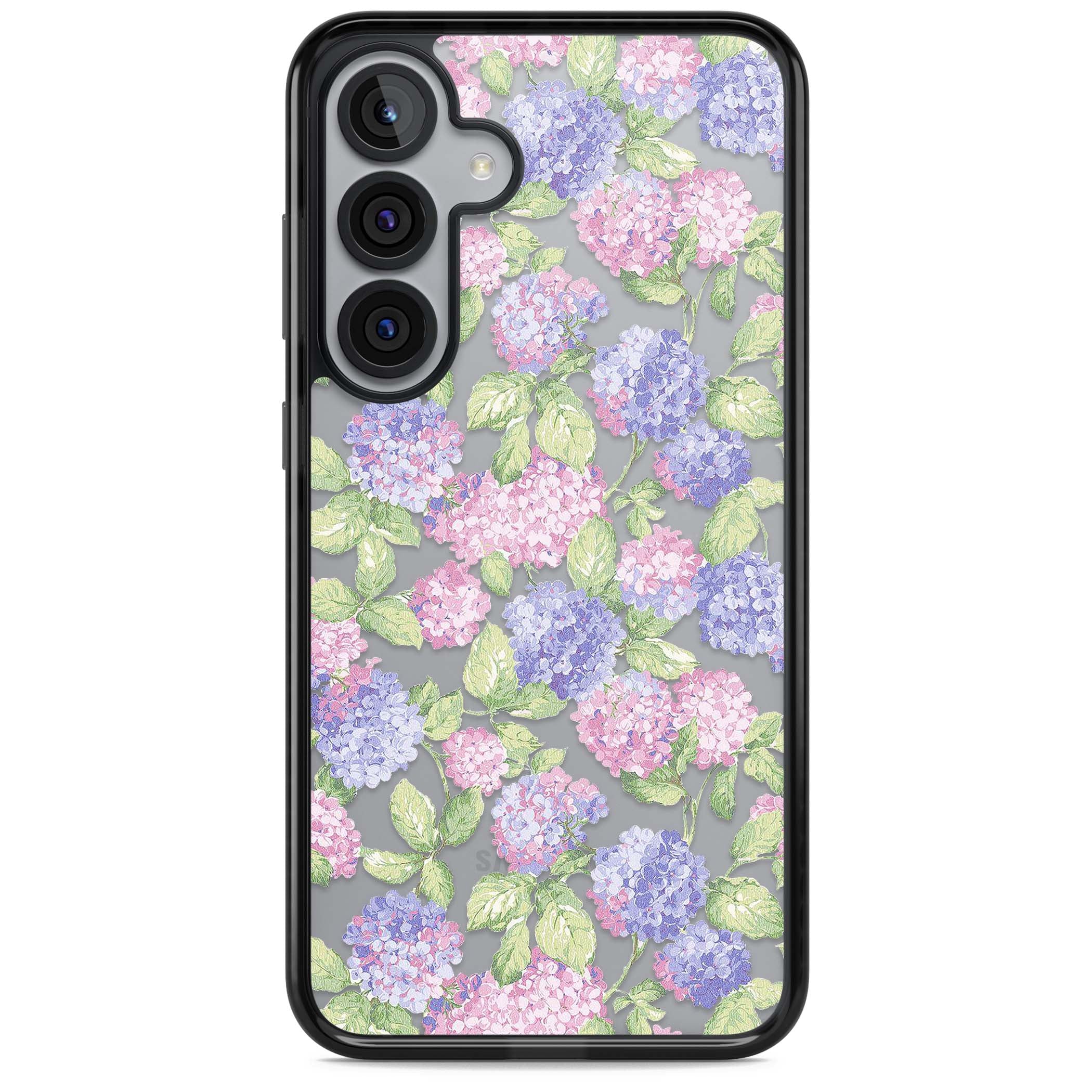 Cottage Hydrangea cottagecore iPhone case featuring pink and purple hydrangea blooms with green leaves on a clear background | Black Impact case for Samsung Galaxy S25, Samsung Galaxy S25 Plus