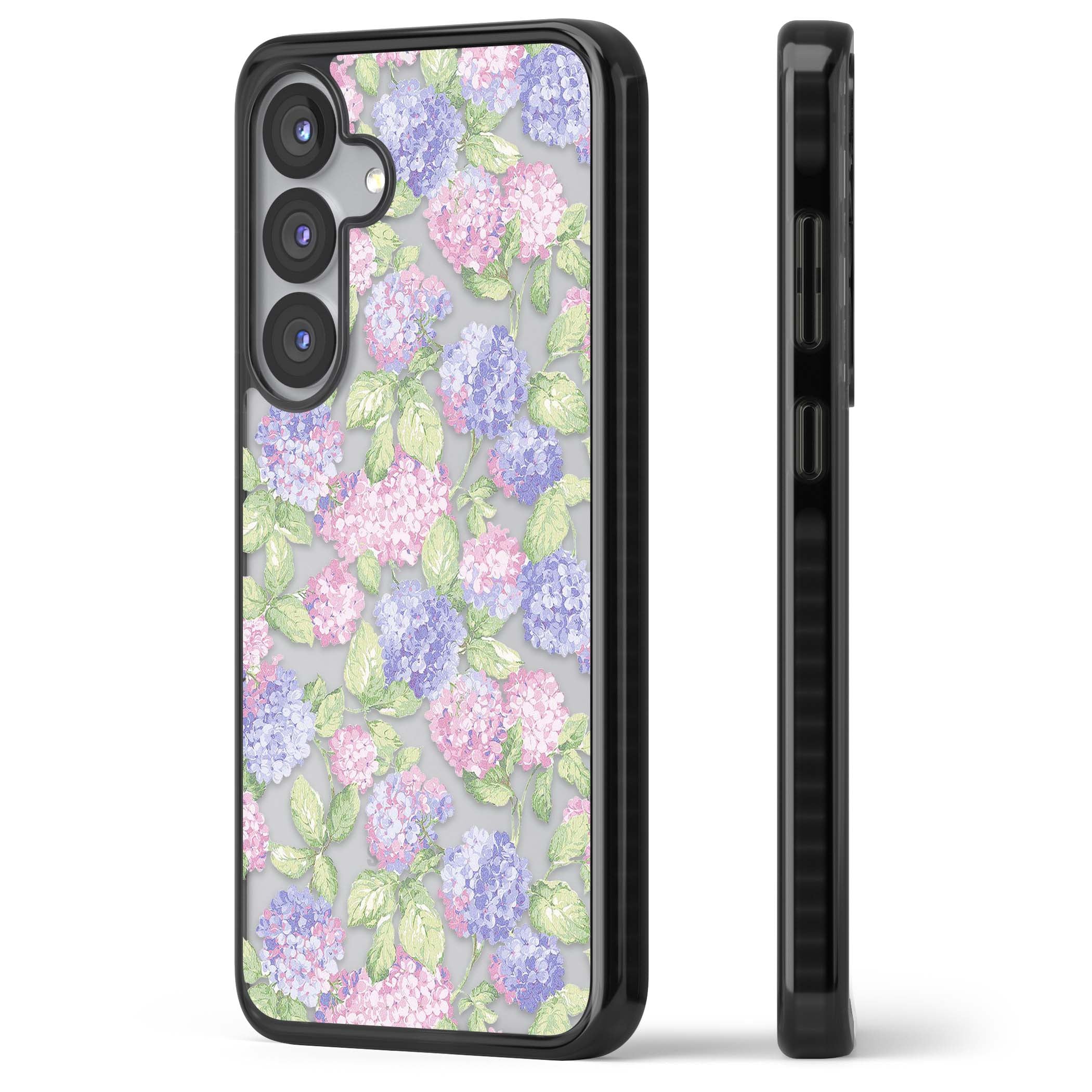 Cottage Hydrangea cottagecore iPhone case featuring pink and purple hydrangea blooms with green leaves on a clear background | Black Impact case for Samsung Galaxy S25, Samsung Galaxy S25 Plus