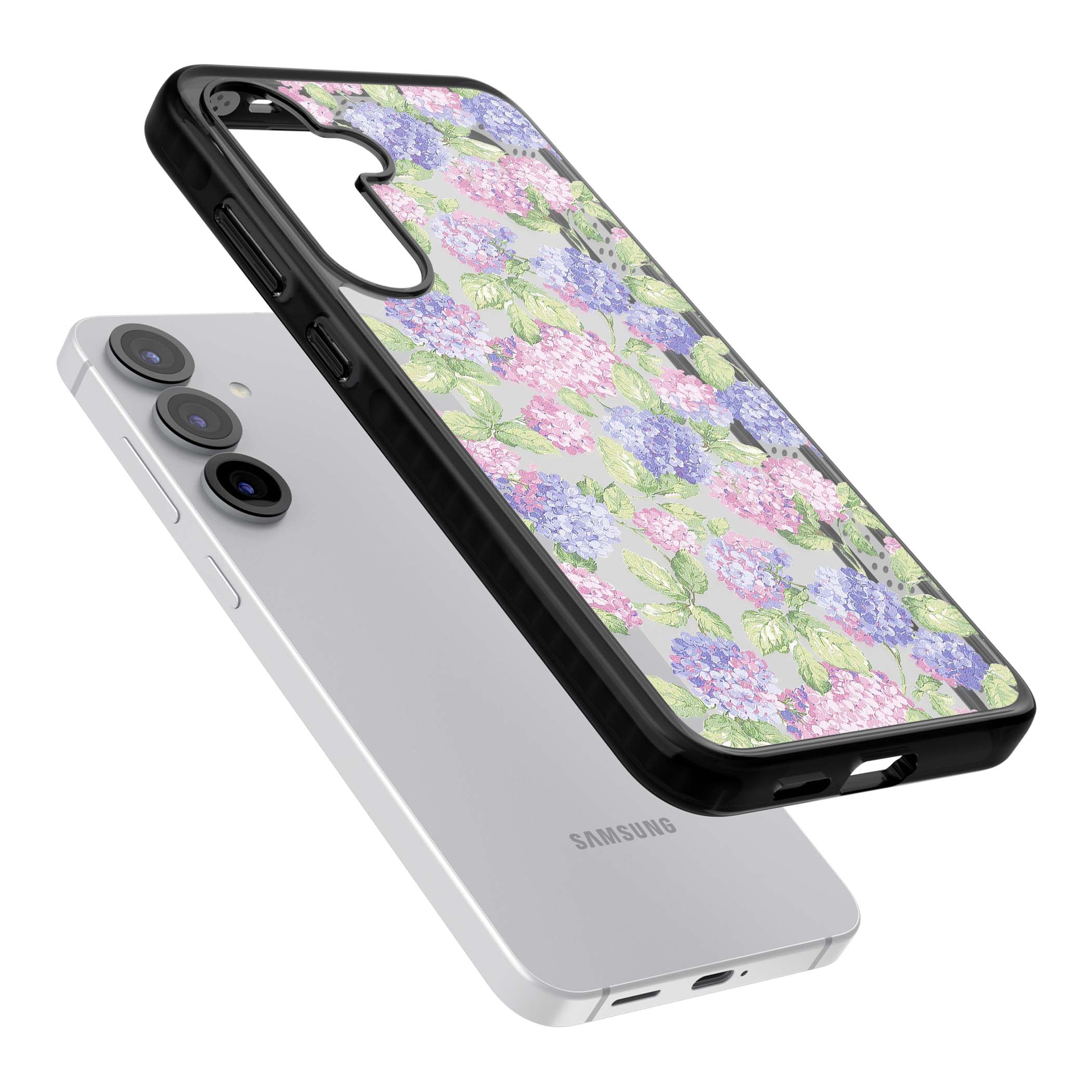Cottage Hydrangea cottagecore iPhone case featuring pink and purple hydrangea blooms with green leaves on a clear background | Black Impact case for Samsung Galaxy S25, Samsung Galaxy S25 Plus