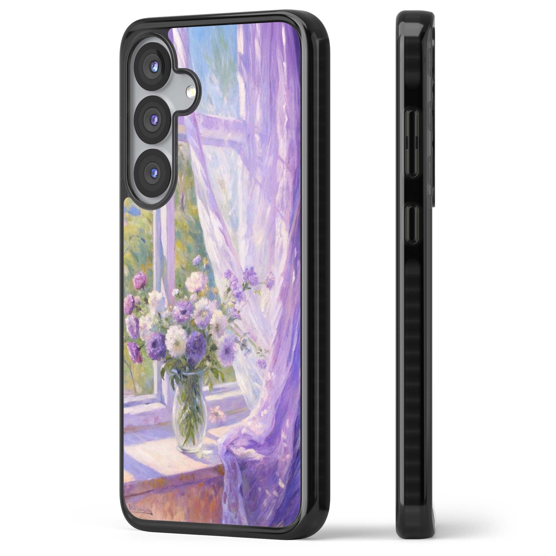 A Provence Morning impressionist art iPhone case featuring a vase of purple flowers, sunlit window and sheer curt | Black Impact case for Samsung Galaxy S25, Samsung Galaxy S25 Plus