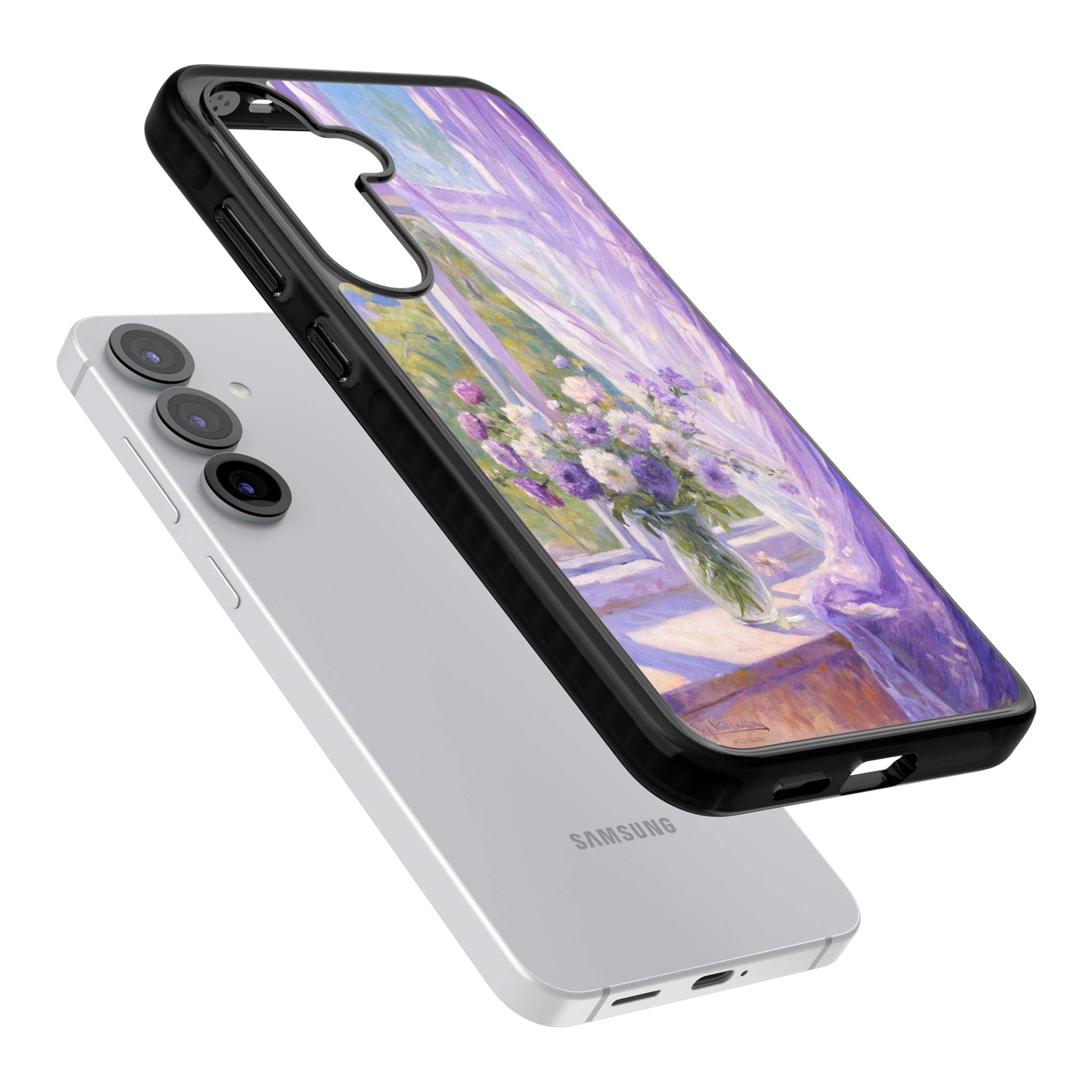A Provence Morning impressionist art iPhone case featuring a vase of purple flowers, sunlit window and sheer curt | Black Impact case for Samsung Galaxy S25, Samsung Galaxy S25 Plus