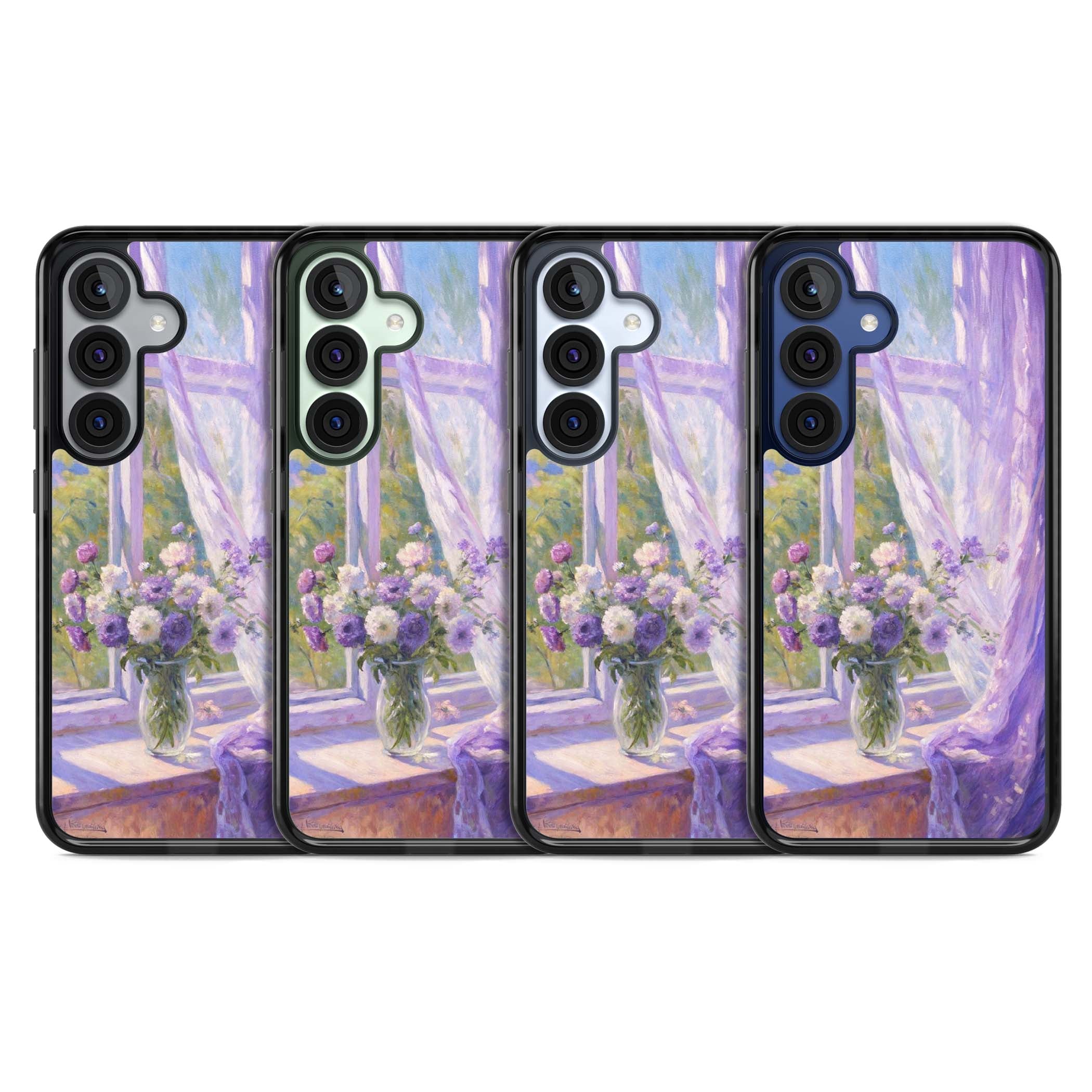 A Provence Morning impressionist art iPhone case featuring a vase of purple flowers, sunlit window and sheer curt | Black Impact case for Samsung Galaxy S25, Samsung Galaxy S25 Plus