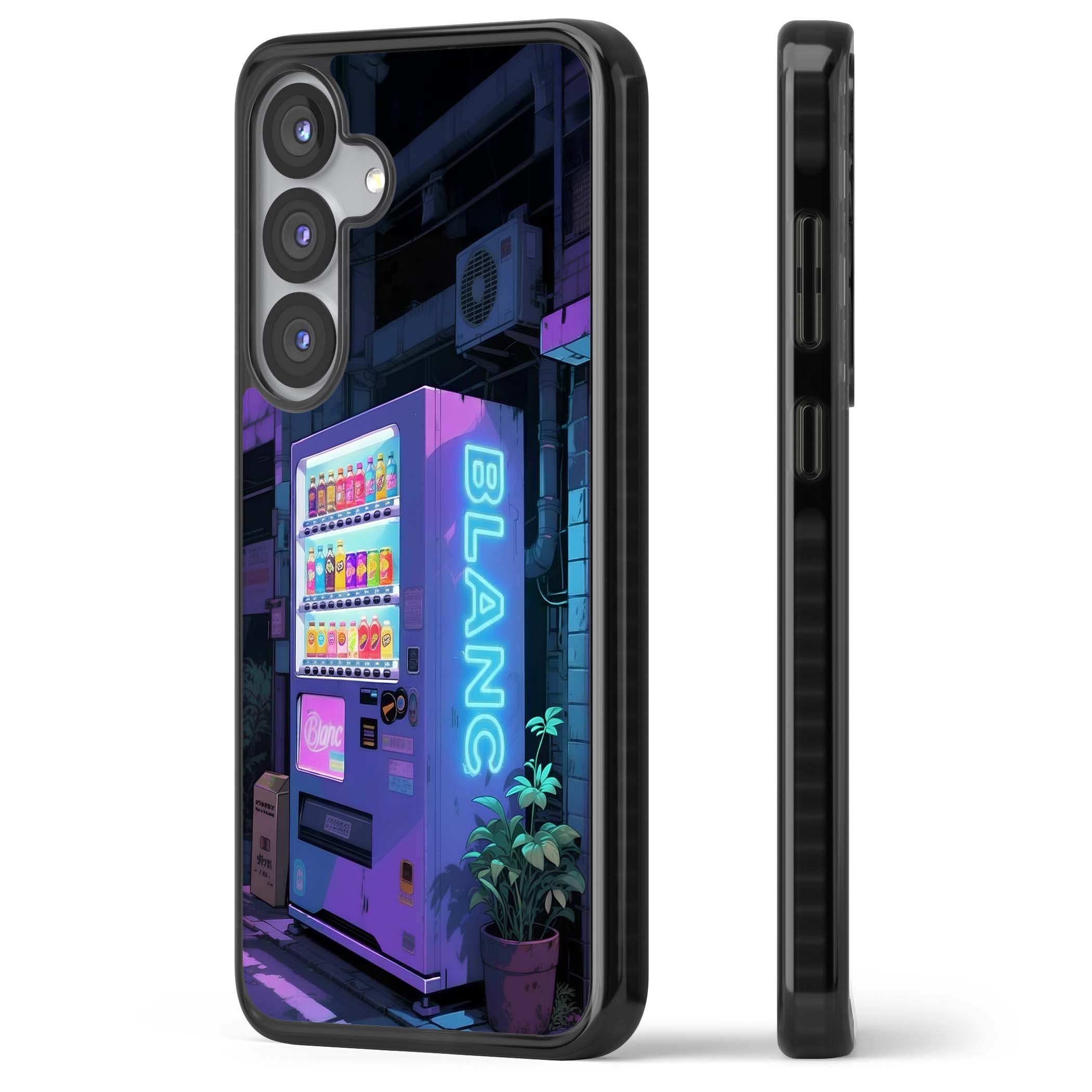 Shibuya Glow Japanese iPhone case featuring a glowing Tokyo vending machine, neon signage, and moody purple alleyway | Black Impact case for Samsung Galaxy S25, Samsung Galaxy S25 Plus