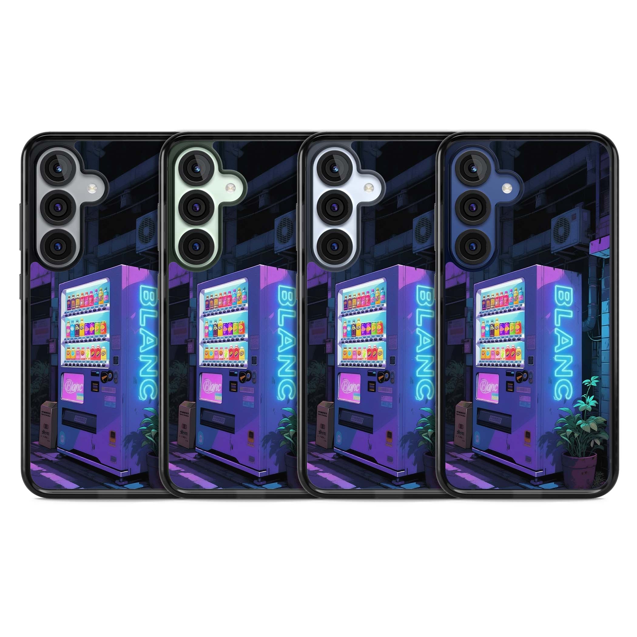 Shibuya Glow Japanese iPhone case featuring a glowing Tokyo vending machine, neon signage, and moody purple alleyway | Black Impact case for Samsung Galaxy S25, Samsung Galaxy S25 Plus