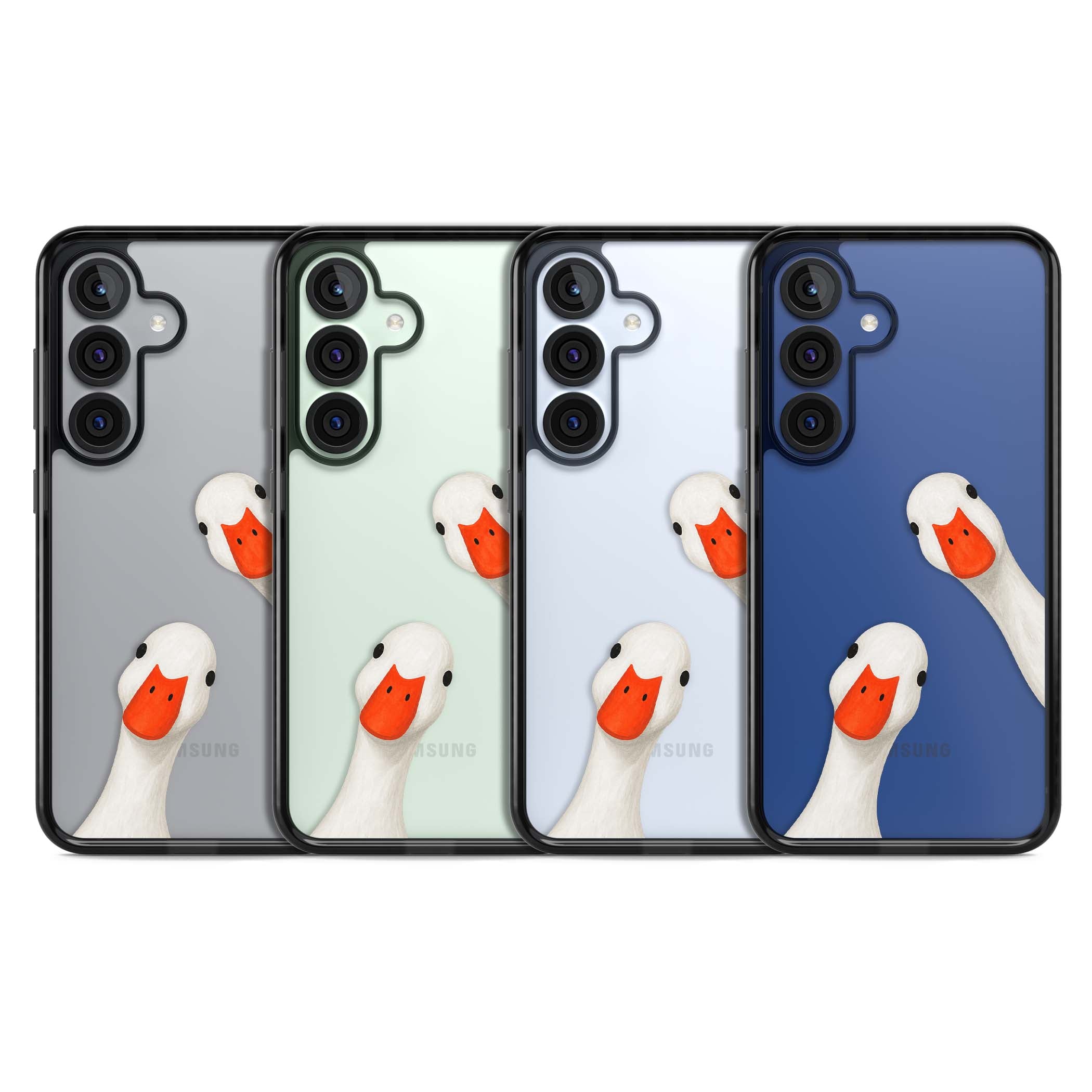 Nosy Ducks cottagecore iPhone case featuring two peeking white ducks with orange beaks on a clear background | Black Impact case for Samsung Galaxy S25, Samsung Galaxy S25 Plus