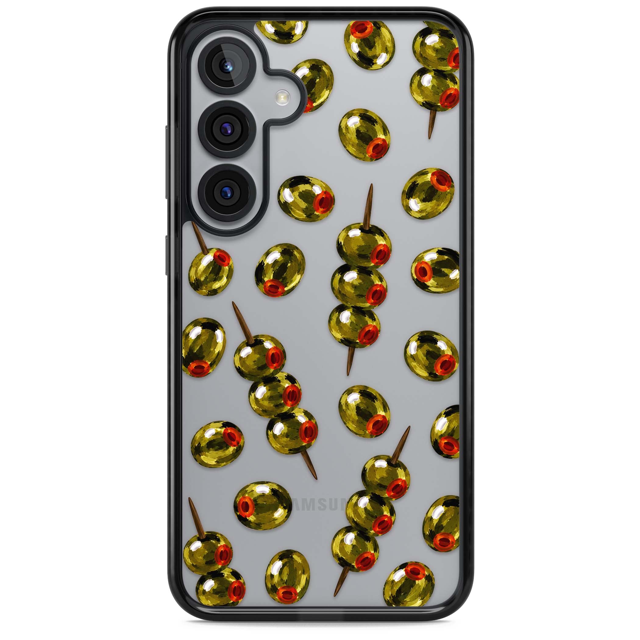 Painted Olives cocktail iPhone case featuring green olives, pimento centres and toothpick skewers on a clear background | Black Impact case for Samsung Galaxy S25, Samsung Galaxy S25 Plus