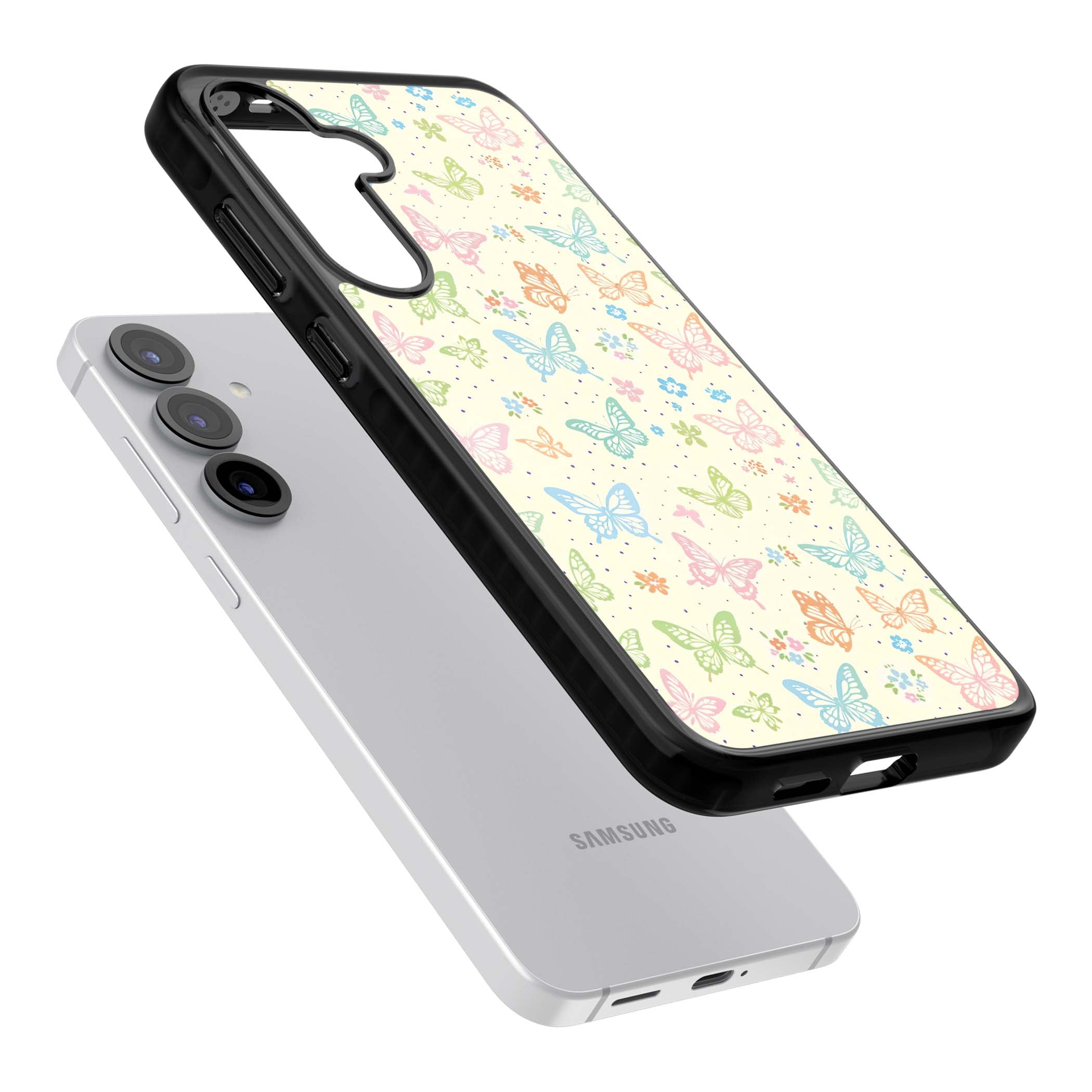 Sugar Wings cottagecore iPhone case featuring rainbow pastel butterflies, tiny wildflowers, and a cream background | Black Impact case for Samsung Galaxy S25, Samsung Galaxy S25 Plus