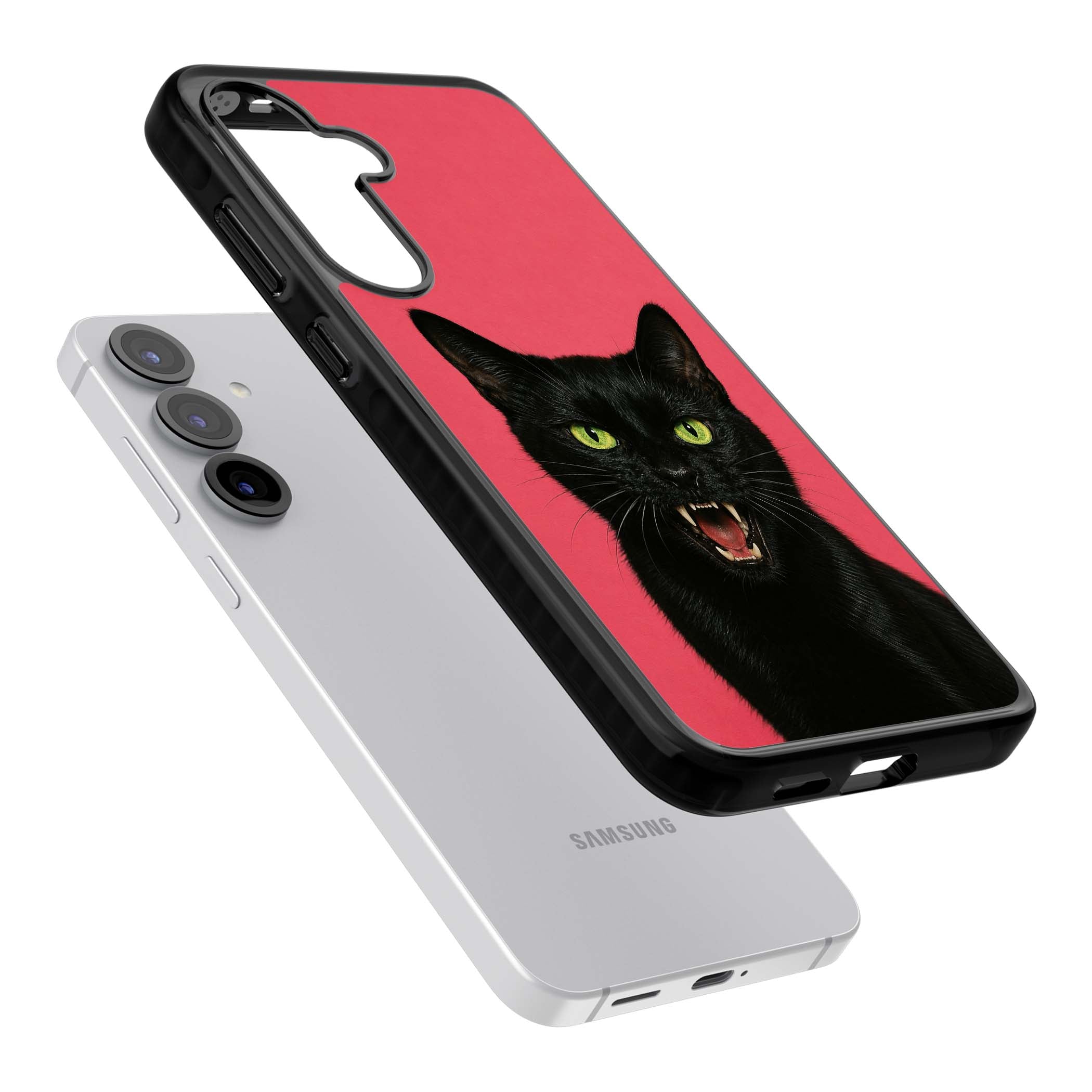 Hissin' Baddie black cat iPhone case featuring a hissing feline with green eyes on a hot pink background | Black Impact case for Samsung Galaxy S25, Samsung Galaxy S25 Plus