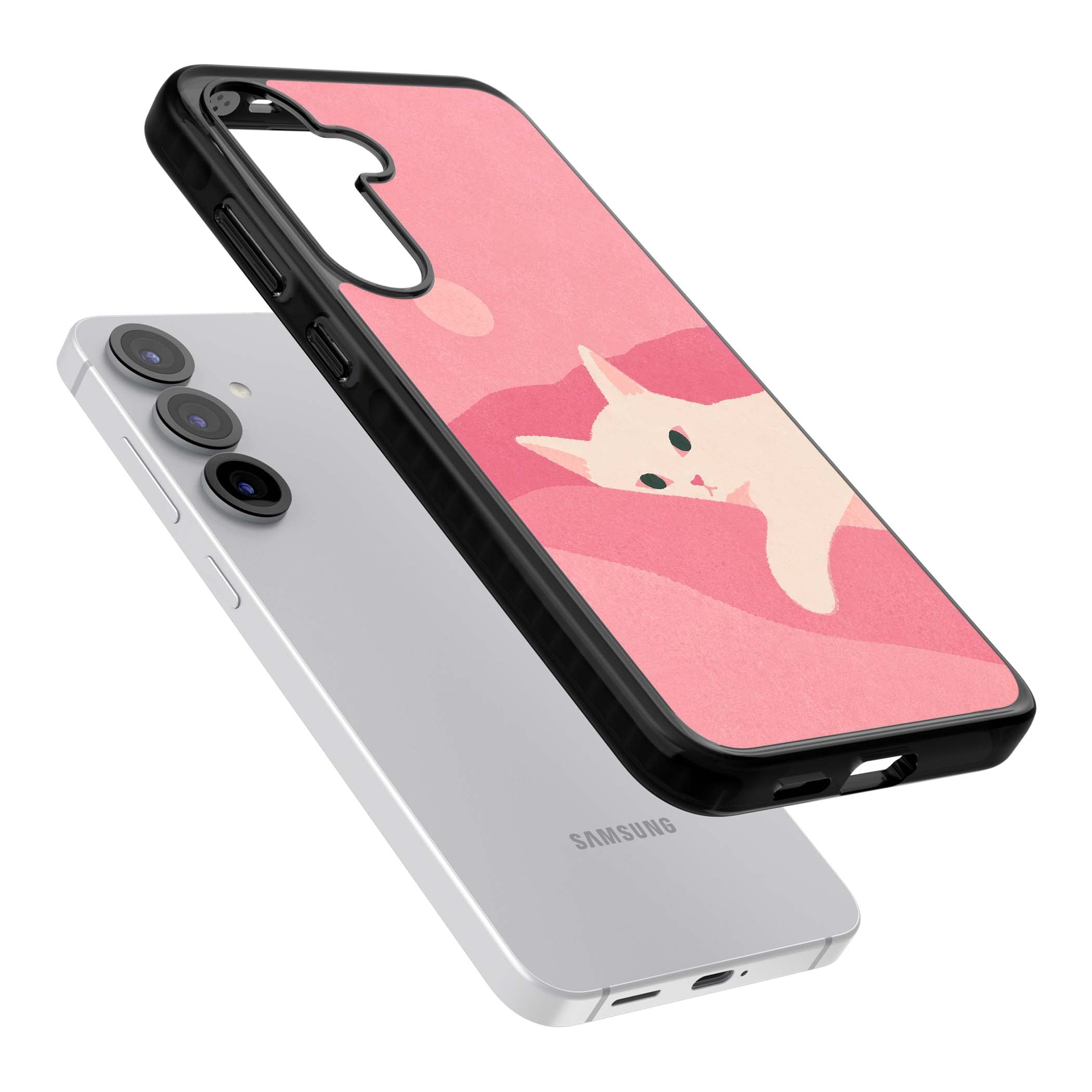 Pink Dreams cute cat iPhone case featuring a white kitten, soft pink hills and a pale pastel sun | Black Impact case for Samsung Galaxy S25, Samsung Galaxy S25 Plus