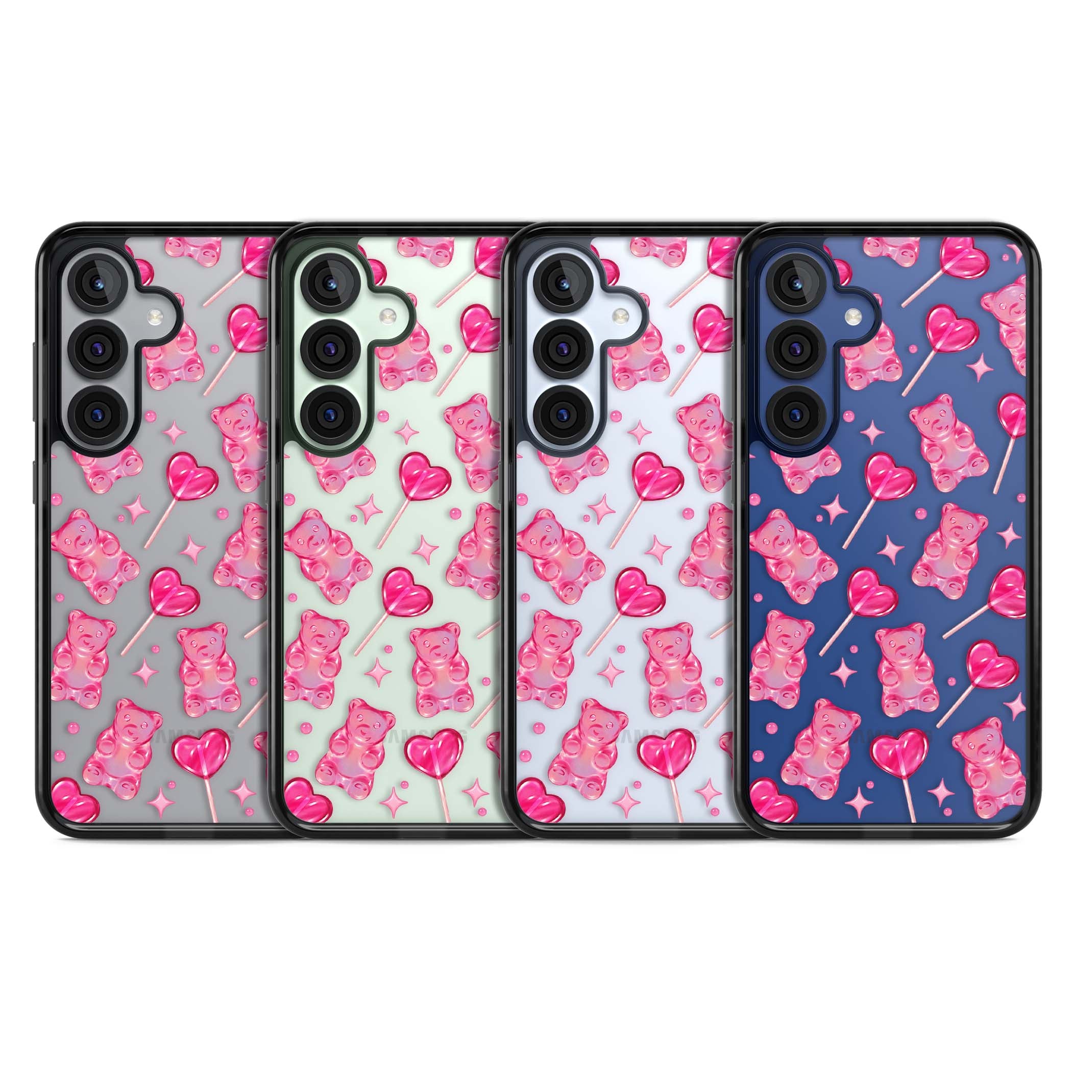 Pink Sugar pinkcore iPhone case featuring pink gummy bears, heart-shaped lollipops and sparkle stars | Black Impact case for Samsung Galaxy S25, Samsung Galaxy S25 Plus
