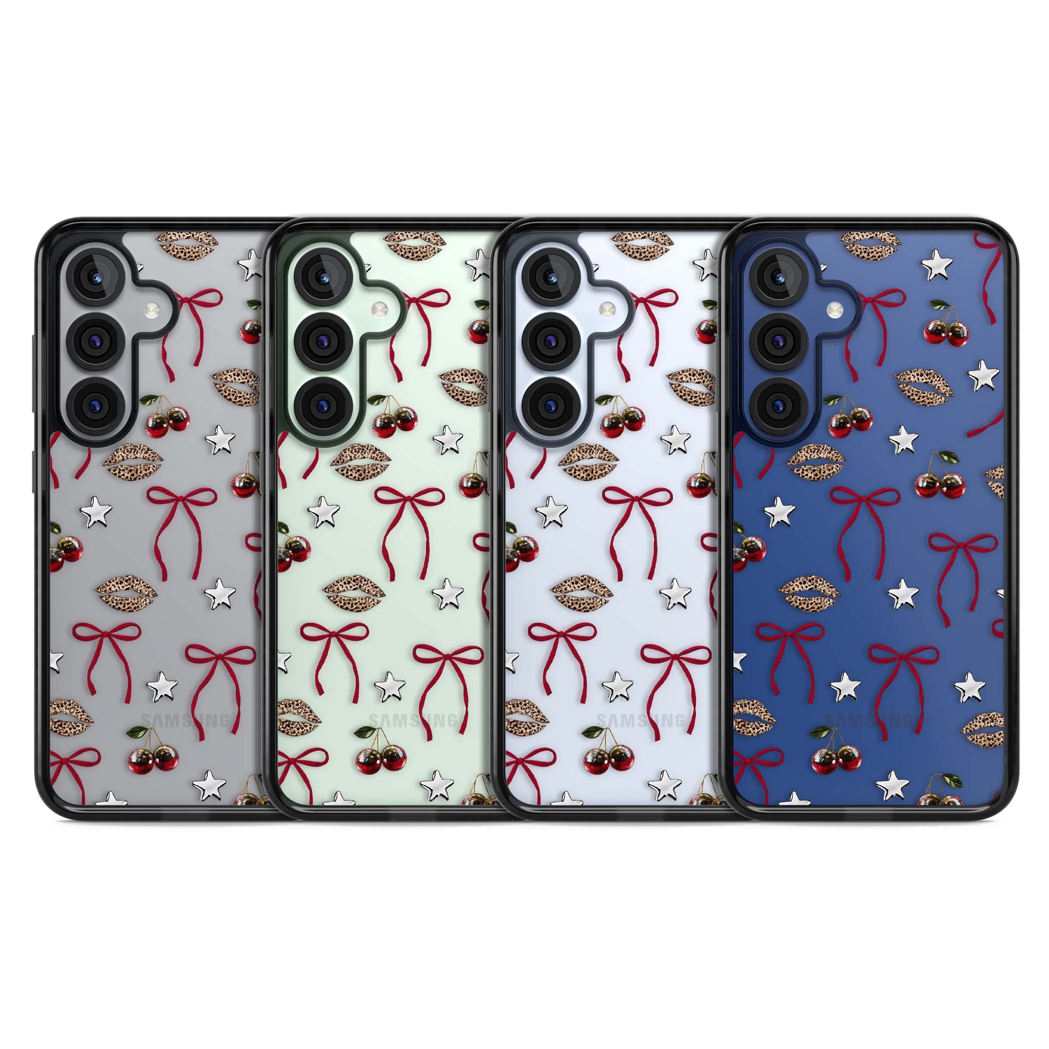 Starlet coquette iPhone case featuring red ribbon bows, disco cherries and leopard-print lips | Black Impact case for Samsung Galaxy S25, Samsung Galaxy S25 Plus