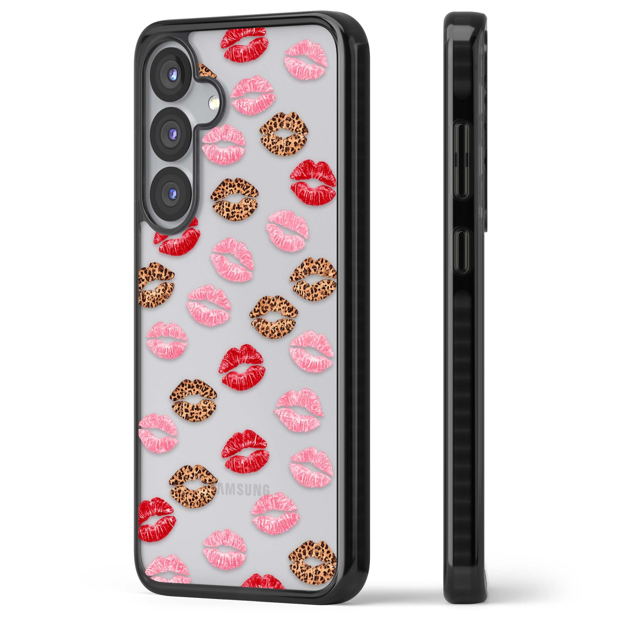 Wild Kisses coquette iPhone case featuring red, pink and leopard print lipstick kiss marks on a clear background | Black Impact case for Samsung Galaxy S25, Samsung Galaxy S25 Plus