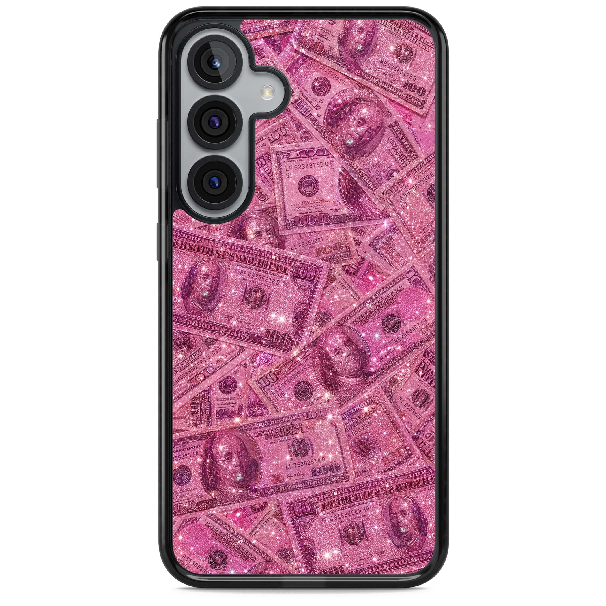 Glamorous baddie iPhone case featuring pink glitter hundred dollar bills and sparkling money wallpaper design | Black Impact case for Samsung Galaxy S25, Samsung Galaxy S25 Plus