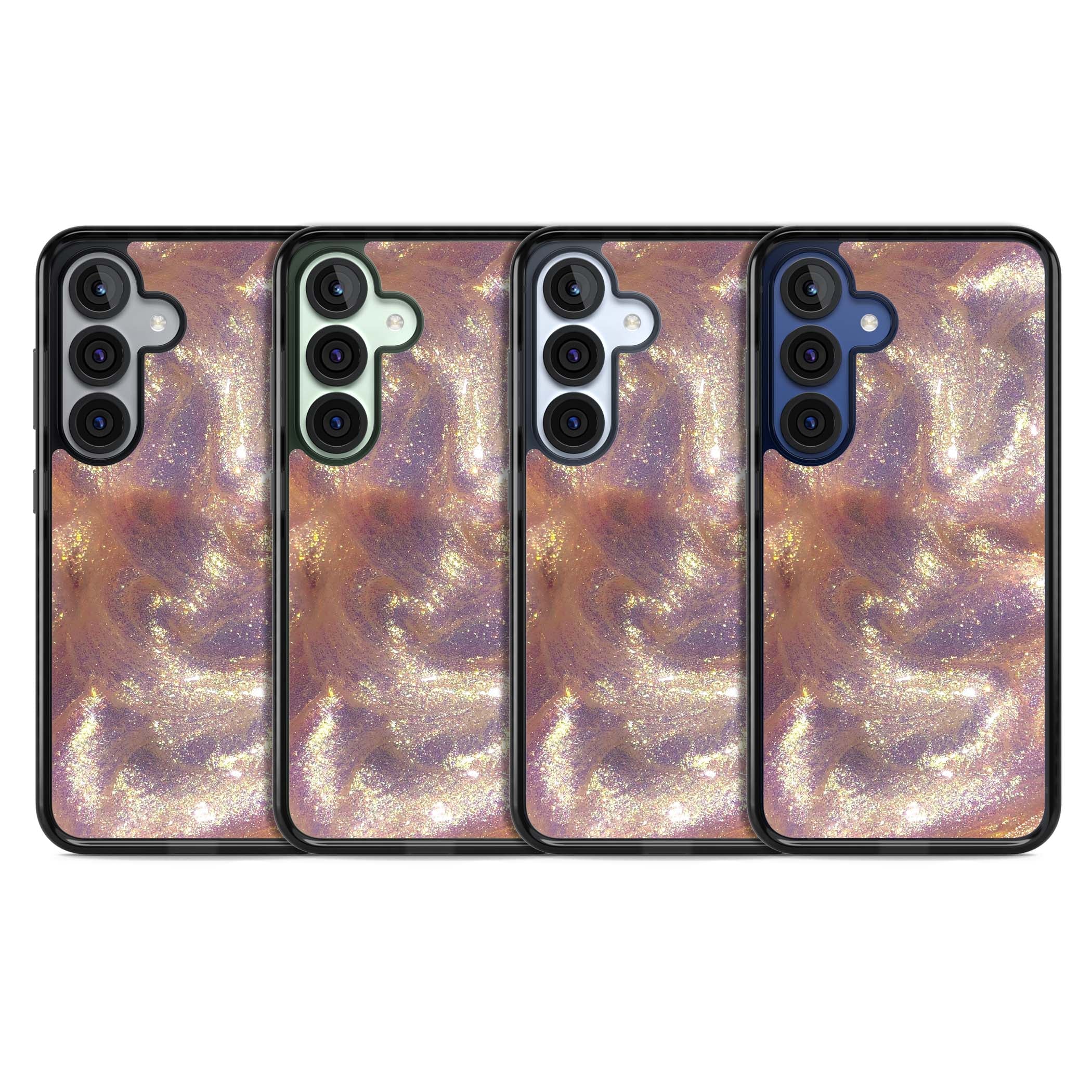 Shimmer marble iPhone case featuring rose gold glitter swirls, lilac shimmer and iridescent pearl finish | Black Impact case for Samsung Galaxy S25, Samsung Galaxy S25 Plus