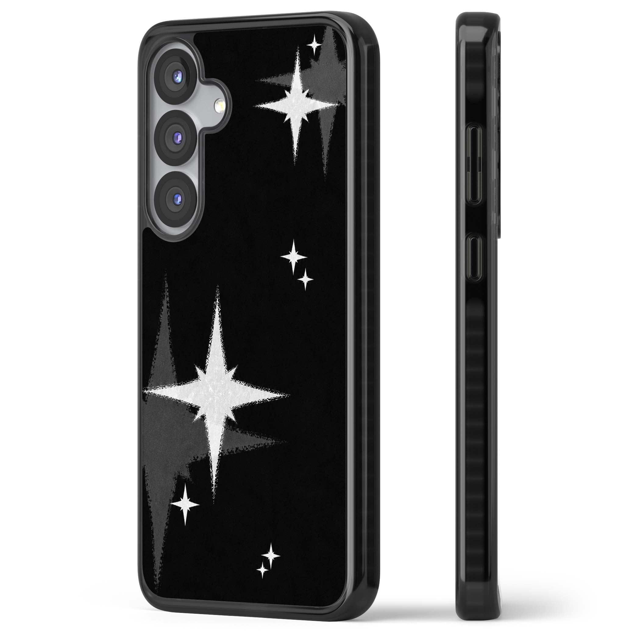 Black Sparkle celestial iPhone case featuring white sparkle stars on a black night sky background | Black Impact case for Samsung Galaxy S25, Samsung Galaxy S25 Plus