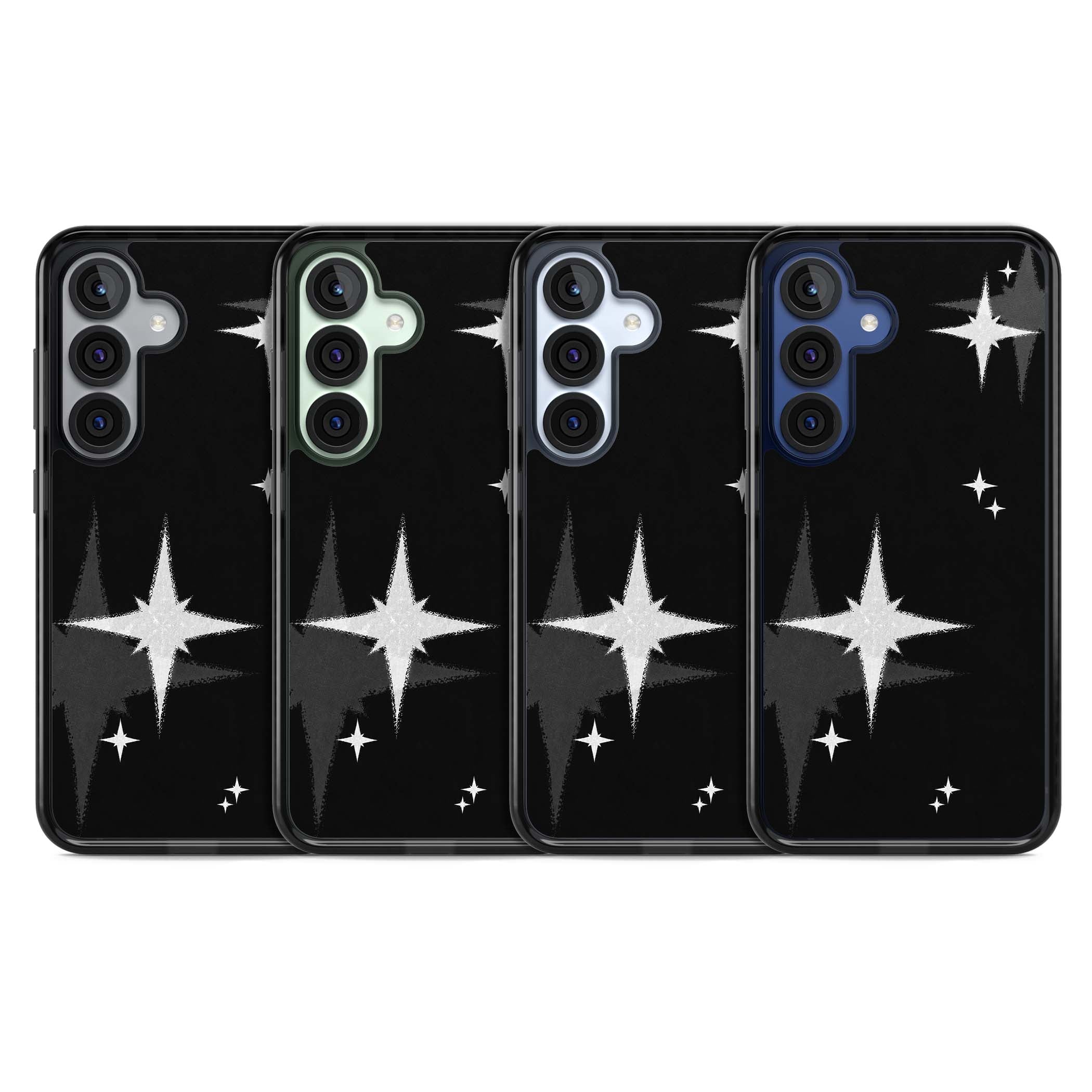 Black Sparkle celestial iPhone case featuring white sparkle stars on a black night sky background | Black Impact case for Samsung Galaxy S25, Samsung Galaxy S25 Plus