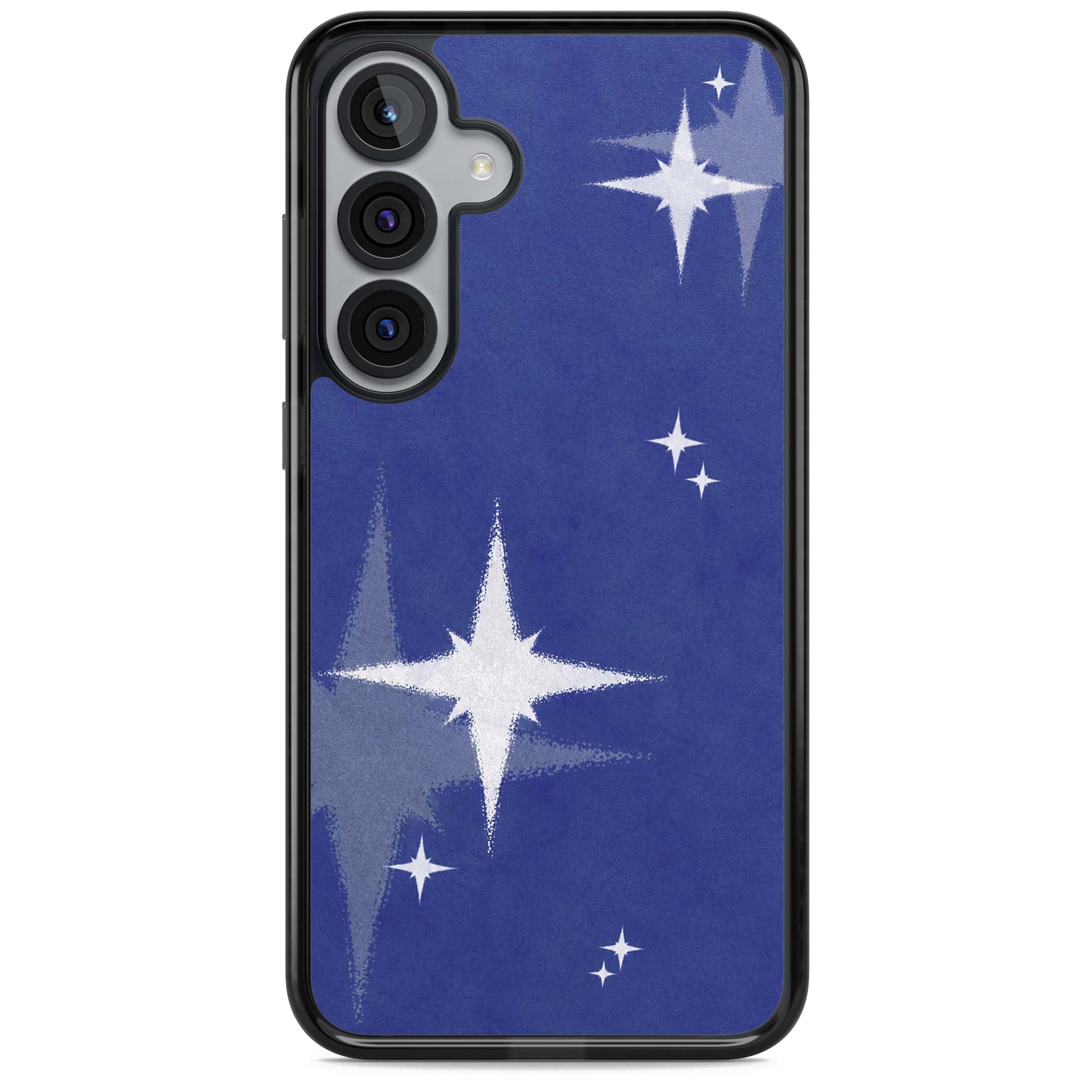 Blue Sparkle celestial iPhone case featuring sparkling silver stars on a deep blue painterly night sky | Black Impact case for Samsung Galaxy S25, Samsung Galaxy S25 Plus