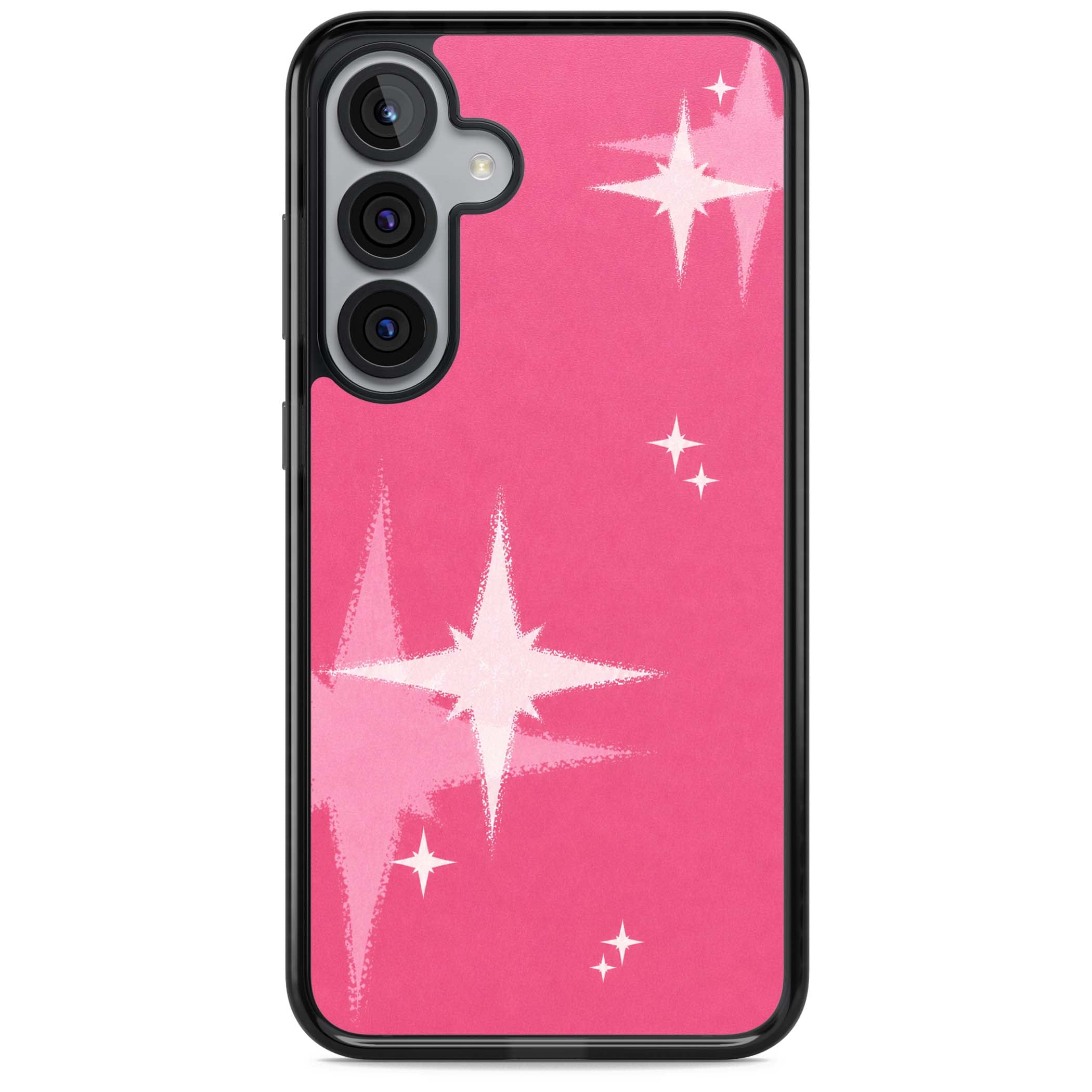 Pink Sparkle Y2K iPhone case featuring hot pink background with shimmering white starburst pattern | Black Impact case for Samsung Galaxy S25, Samsung Galaxy S25 Plus