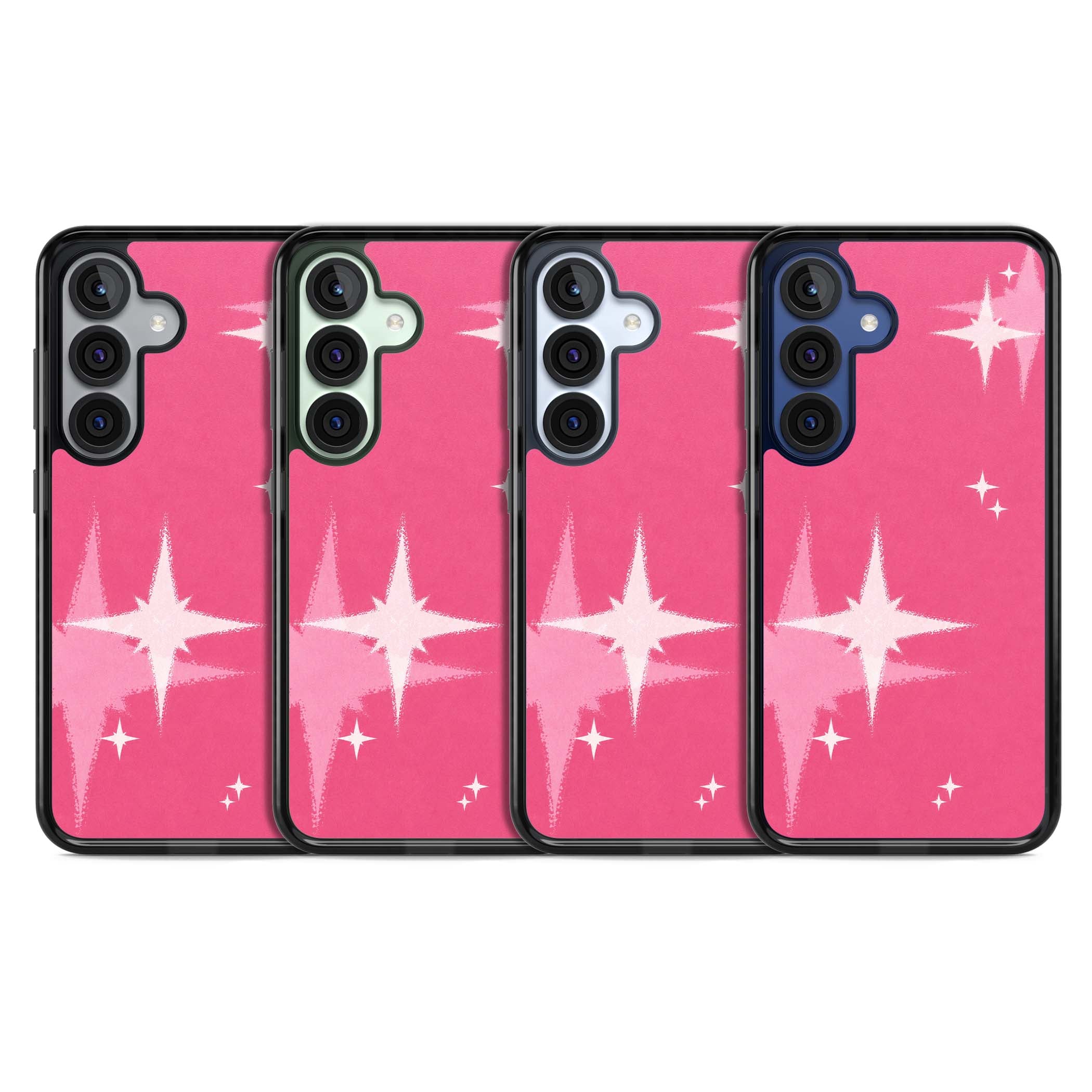 Pink Sparkle Y2K iPhone case featuring hot pink background with shimmering white starburst pattern | Black Impact case for Samsung Galaxy S25, Samsung Galaxy S25 Plus