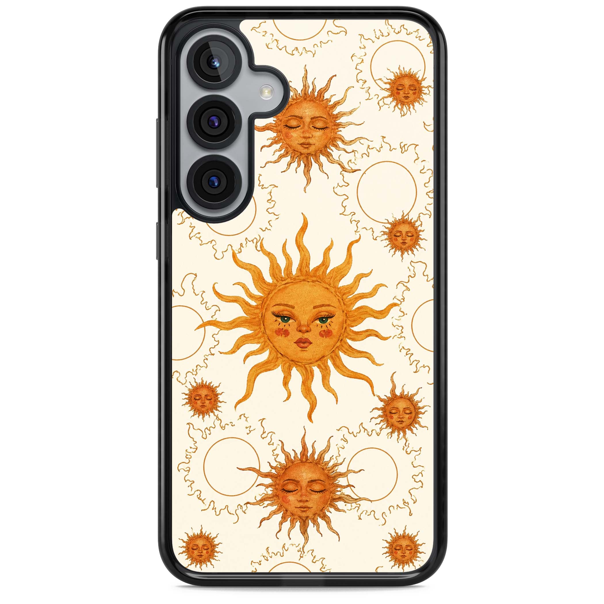 Solstice Muse celestial iPhone case featuring hand-painted golden sun faces, closed-eye sun goddesses and outlined moons... | Black Impact case for Samsung Galaxy S25, Samsung Galaxy S25 Plus