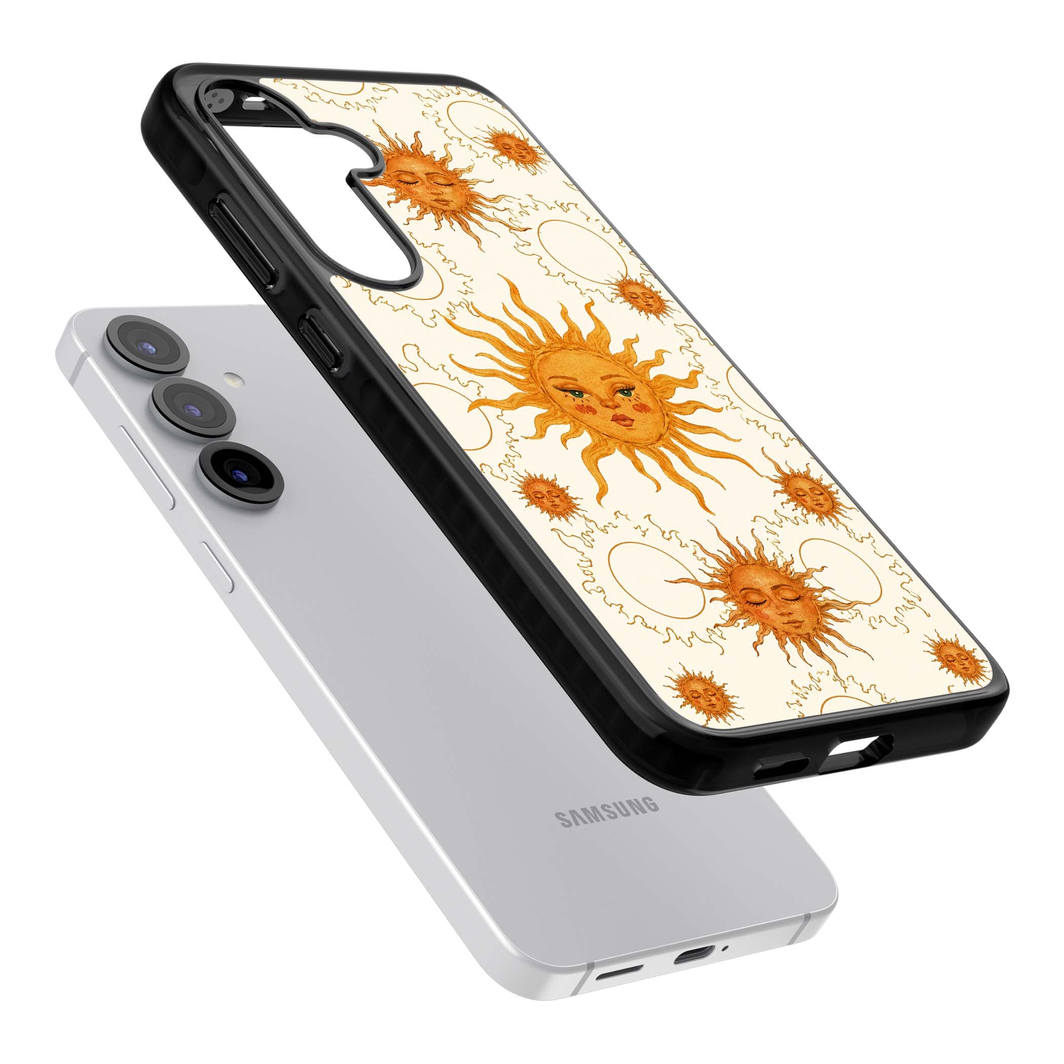 Solstice Muse celestial iPhone case featuring hand-painted golden sun faces, closed-eye sun goddesses and outlined moons... | Black Impact case for Samsung Galaxy S25, Samsung Galaxy S25 Plus