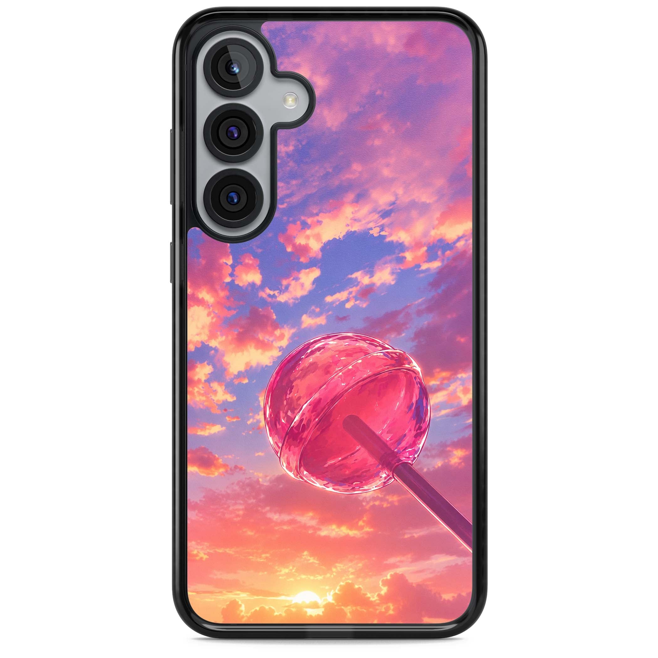 Sugar Sunset candy aesthetic iPhone case featuring a pink lollipop, pastel sunset sky and dreamy clouds | Black Impact case for Samsung Galaxy S25, Samsung Galaxy S25 Plus