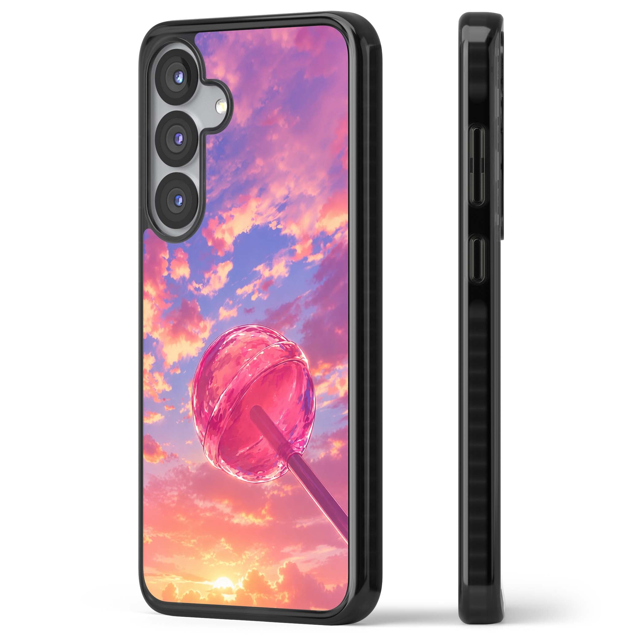 Sugar Sunset candy aesthetic iPhone case featuring a pink lollipop, pastel sunset sky and dreamy clouds | Black Impact case for Samsung Galaxy S25, Samsung Galaxy S25 Plus