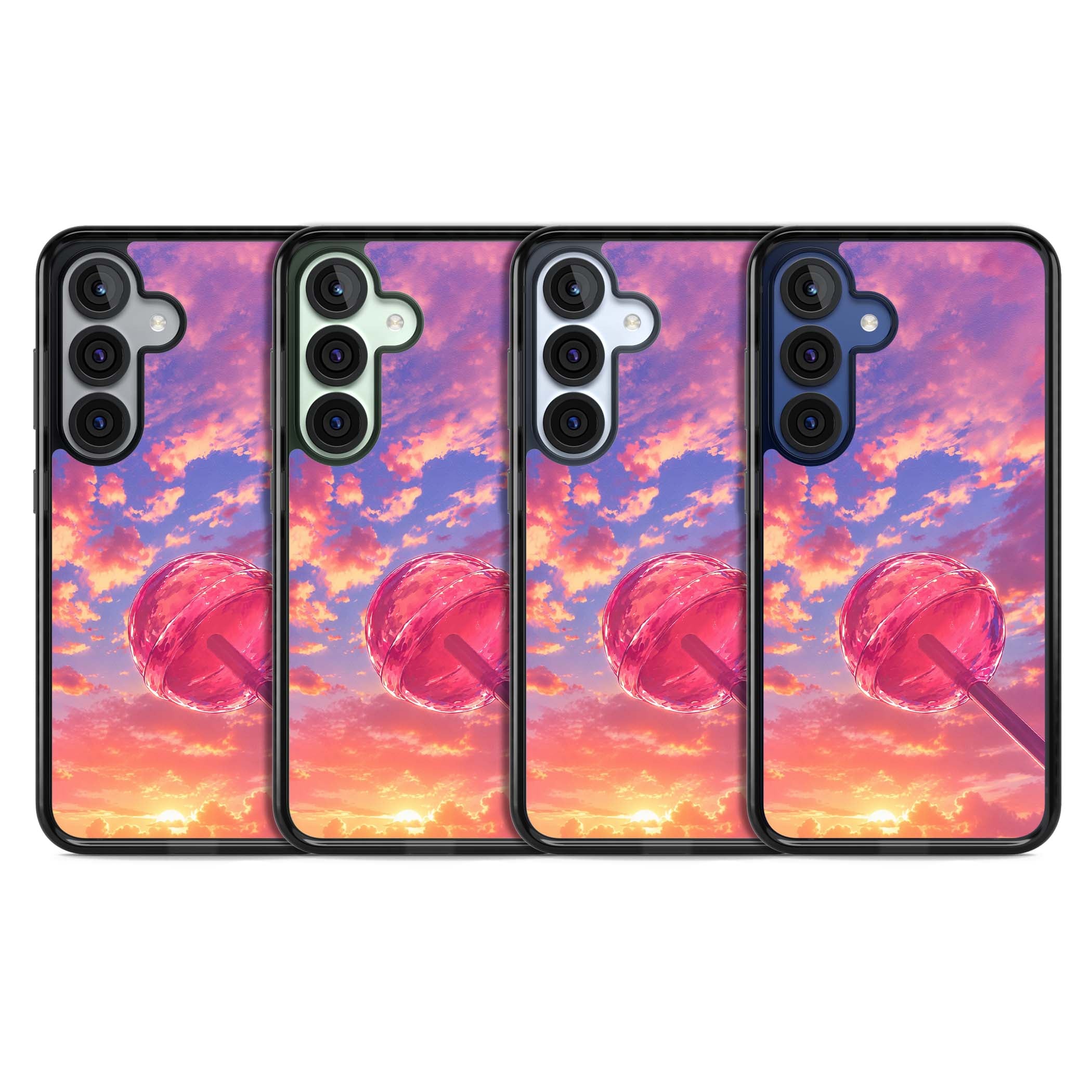 Sugar Sunset candy aesthetic iPhone case featuring a pink lollipop, pastel sunset sky and dreamy clouds | Black Impact case for Samsung Galaxy S25, Samsung Galaxy S25 Plus