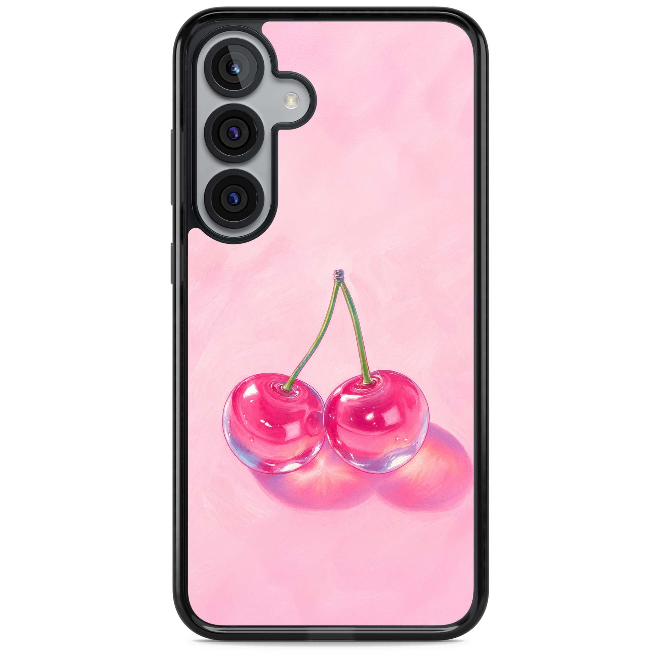Pink Glass Cherry coquette iPhone case featuring two glossy painted cherries on a soft pink background | Black Impact case for Samsung Galaxy S25, Samsung Galaxy S25 Plus