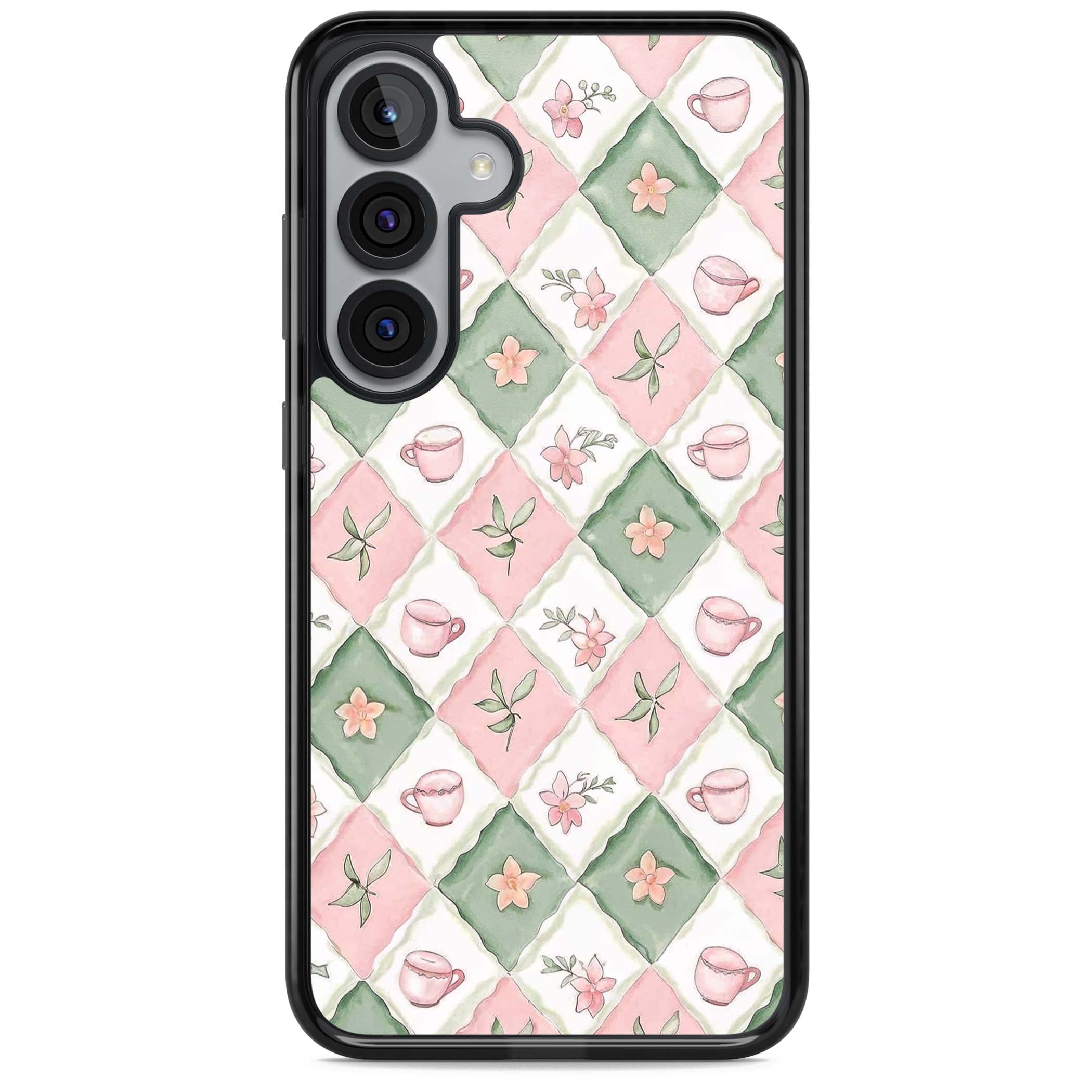 Garden Tea Party coquette iPhone case with pink and green checkered pattern, watercolour teacups and wildflowers | Black Impact case for Samsung Galaxy S25, Samsung Galaxy S25 Plus