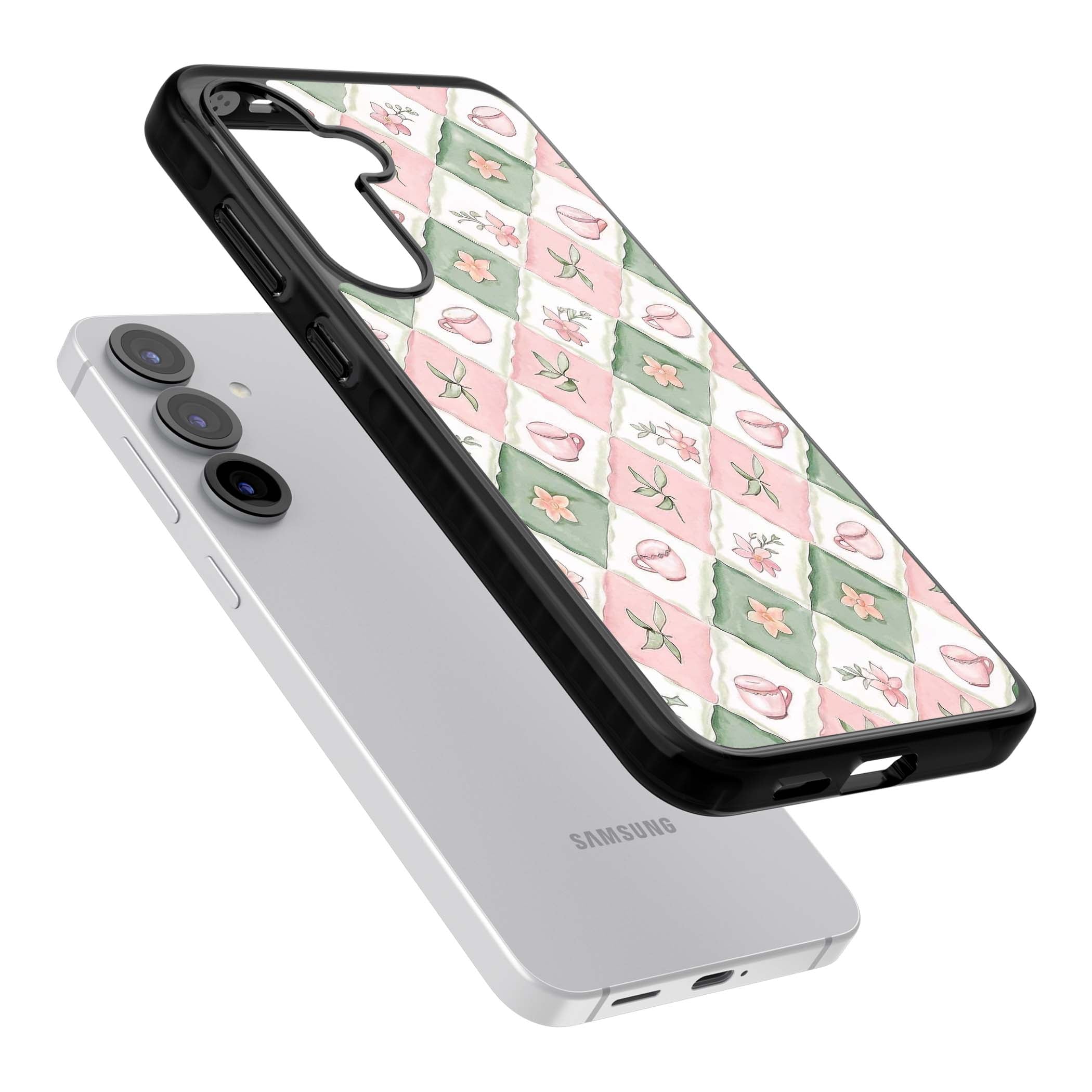 Garden Tea Party coquette iPhone case with pink and green checkered pattern, watercolour teacups and wildflowers | Black Impact case for Samsung Galaxy S25, Samsung Galaxy S25 Plus