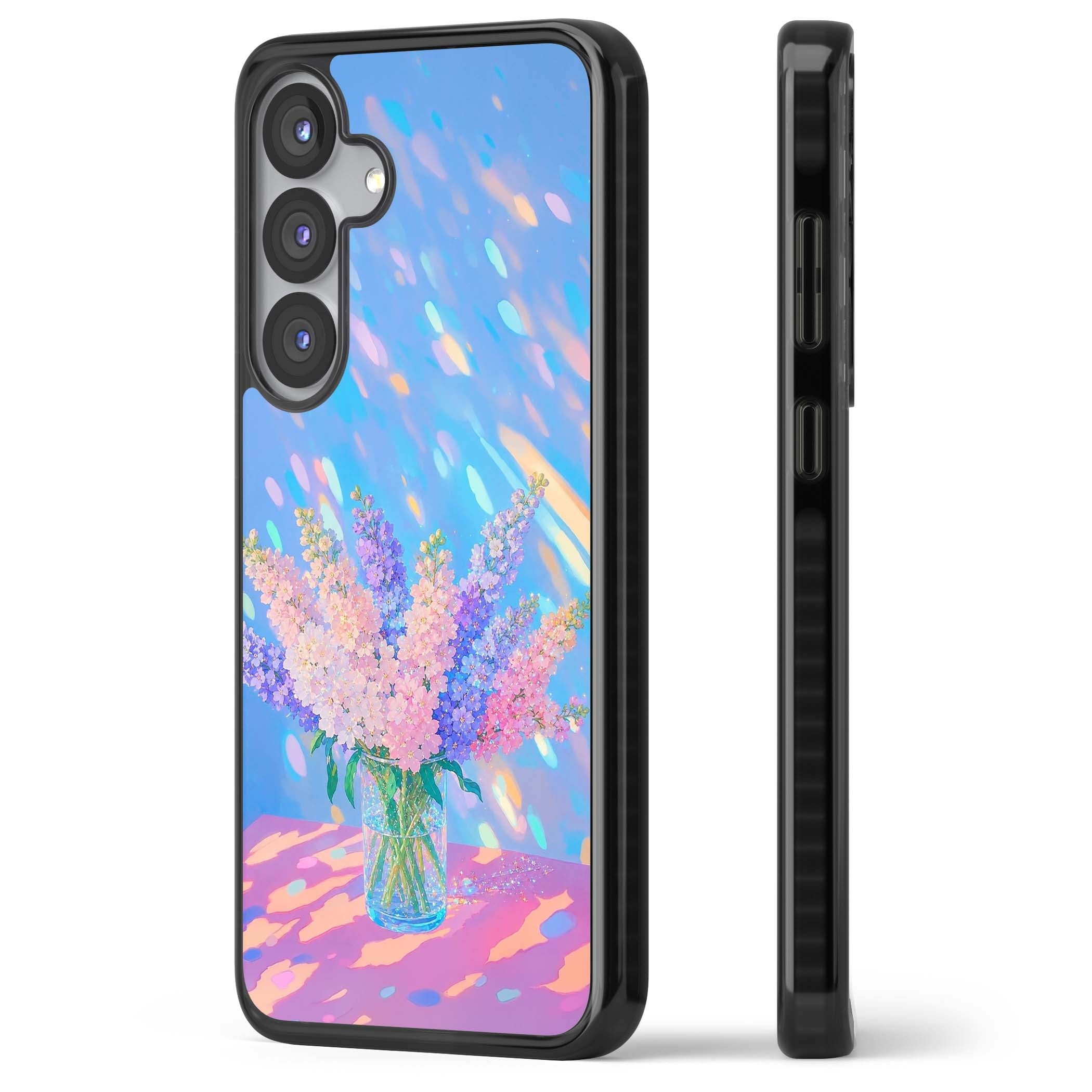 Bubblegum Flowers floral iPhone case featuring pastel lilac and pink bouquet in a glass vase with iridescent light | Black Impact case for Samsung Galaxy S25, Samsung Galaxy S25 Plus