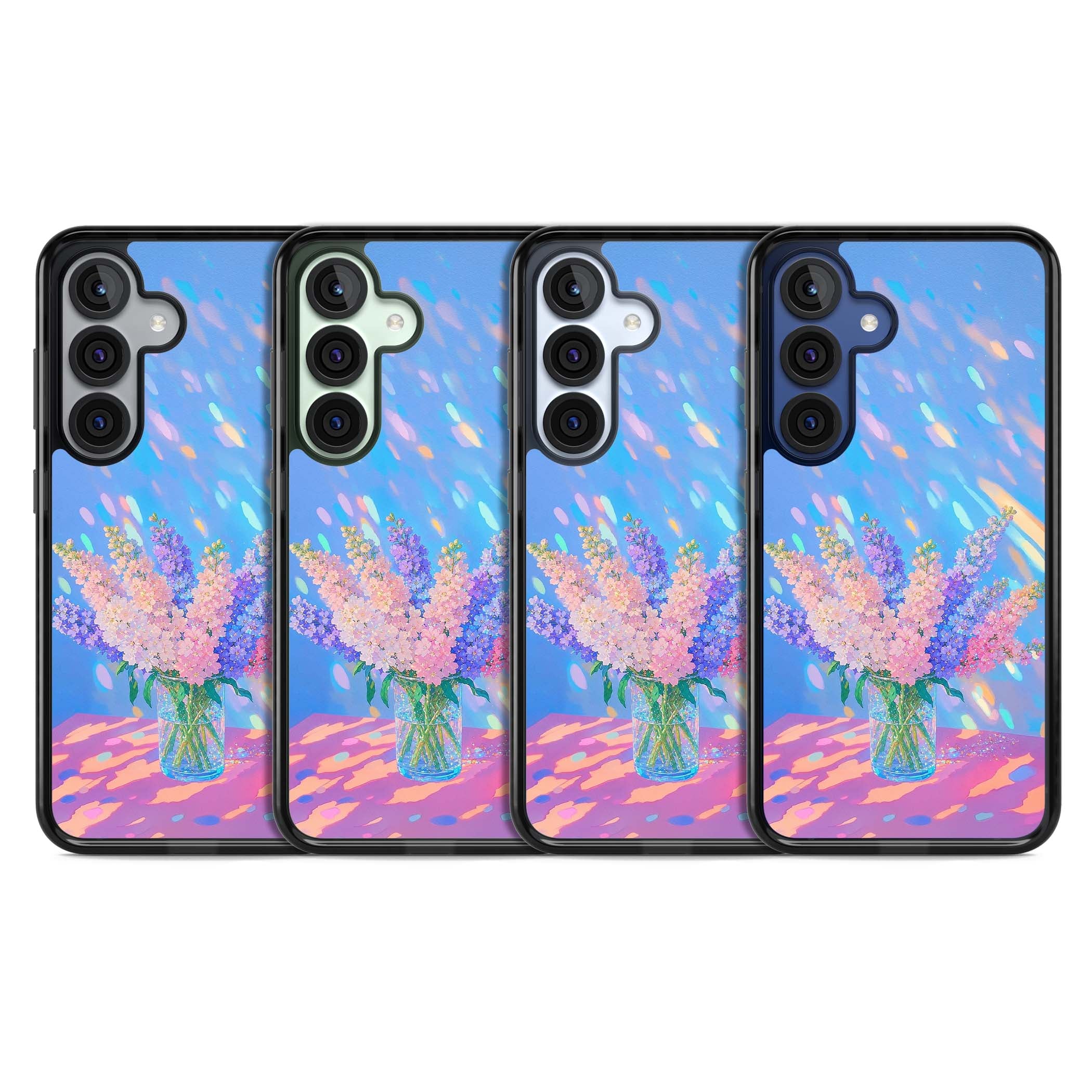 Bubblegum Flowers floral iPhone case featuring pastel lilac and pink bouquet in a glass vase with iridescent light | Black Impact case for Samsung Galaxy S25, Samsung Galaxy S25 Plus