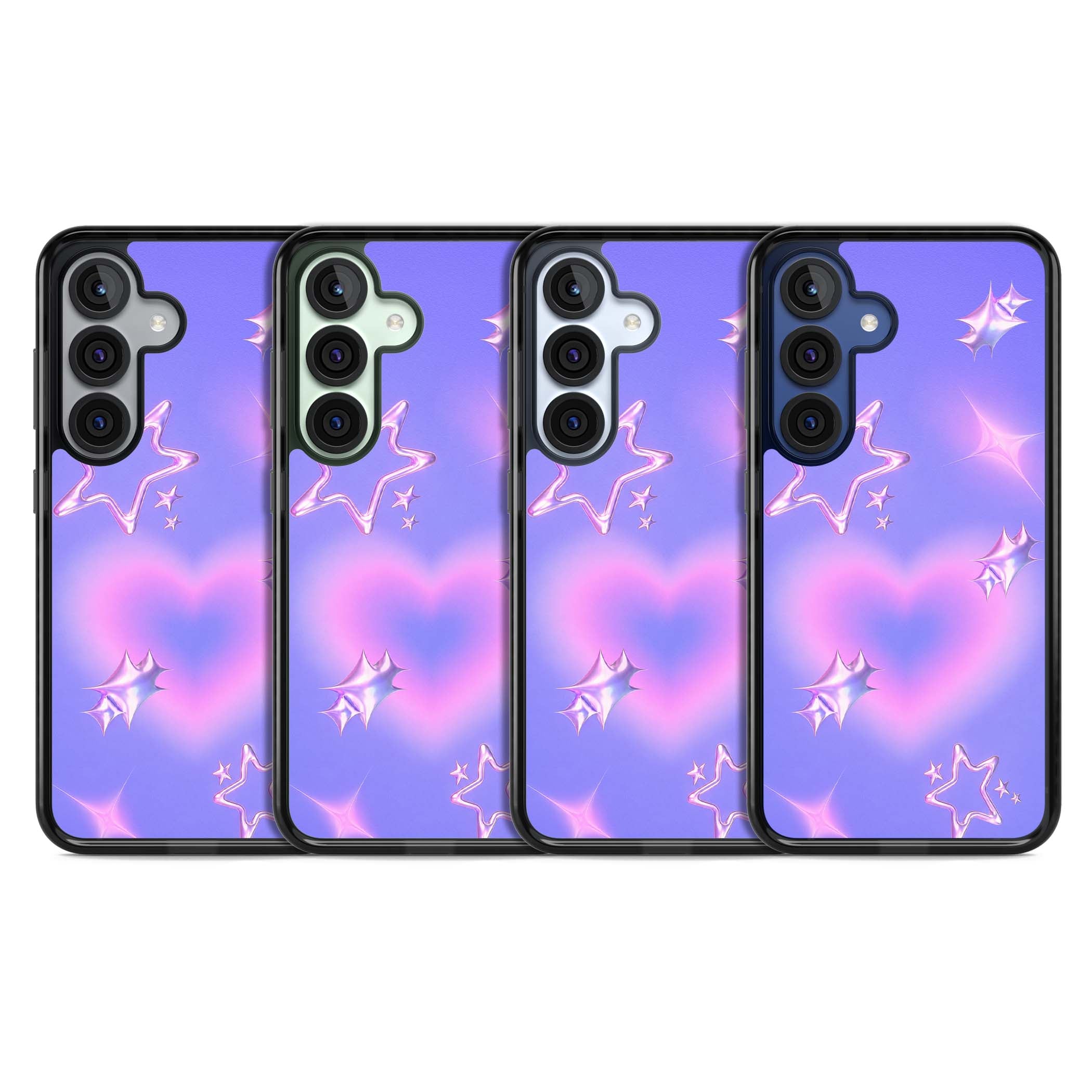Soft Sugar Y2K iPhone case featuring iridescent chrome hearts, metallic pink stars and a lavender gradient sky | Black Impact case for Samsung Galaxy S25, Samsung Galaxy S25 Plus