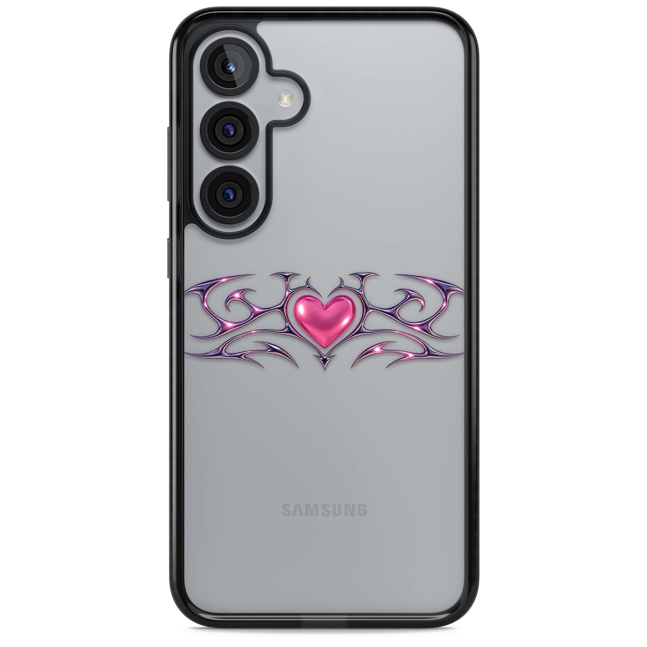 Pink Chrome Heart y2k iPhone case | Black Impact case for Samsung Galaxy S25, Samsung Galaxy S25 Plus