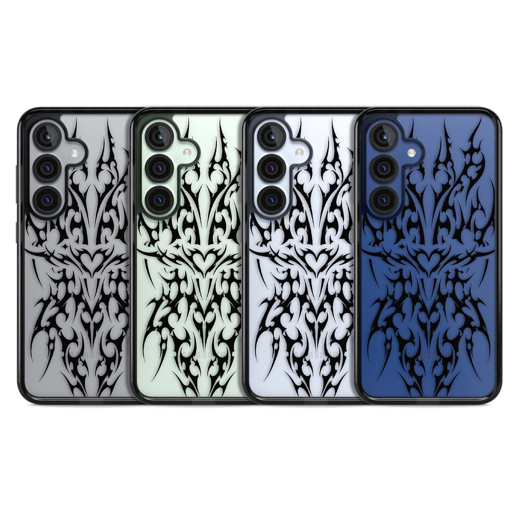 Neo Tribal Heart gothic iPhone case featuring symmetrical black tribal tattoo art with sharp thorn-like linework | Black Impact case for Samsung Galaxy S25, Samsung Galaxy S25 Plus