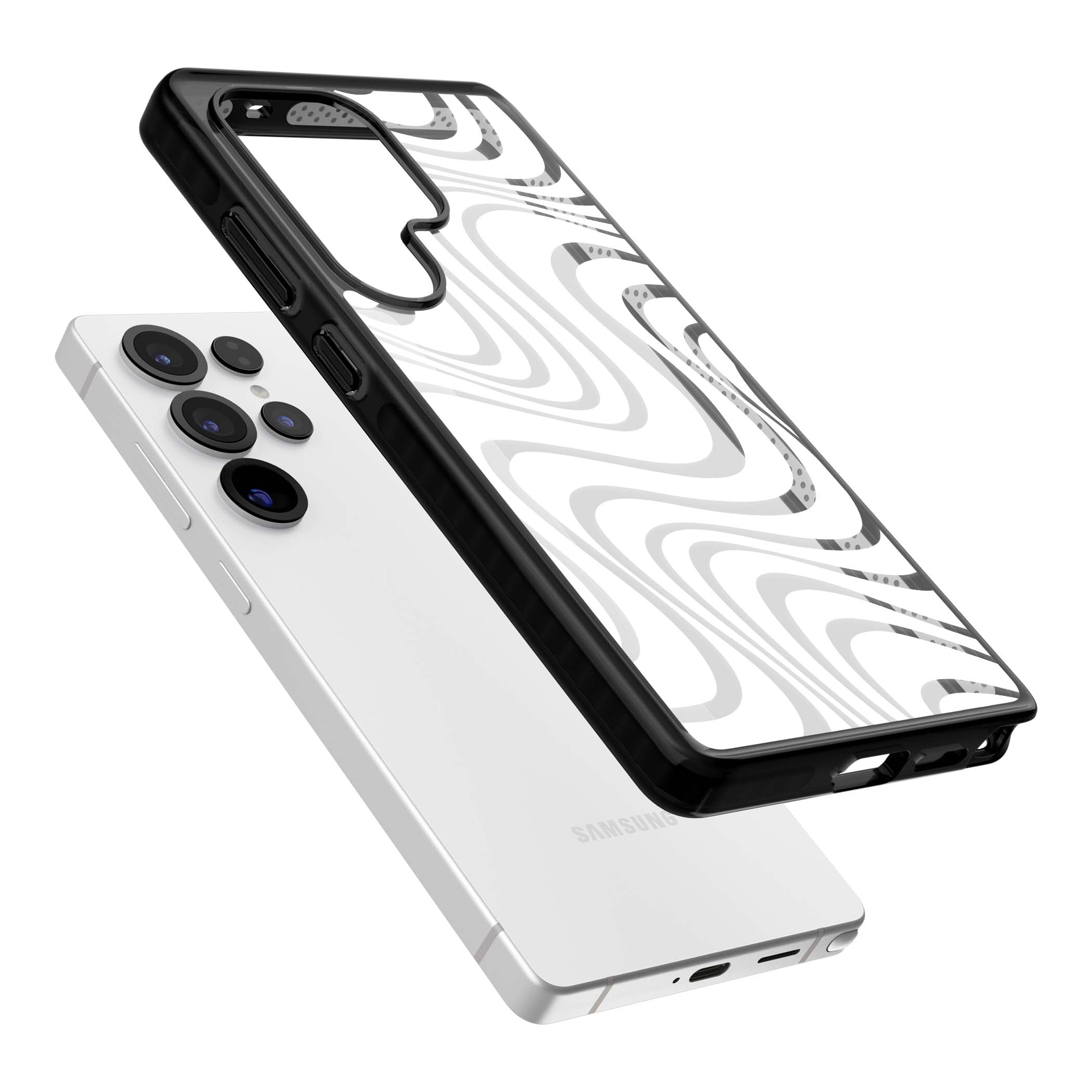 White Abstract Waves abstract iPhone case featuring flowing grey wave pattern on clear background | Black Impact case for Samsung Galaxy S25 Ultra