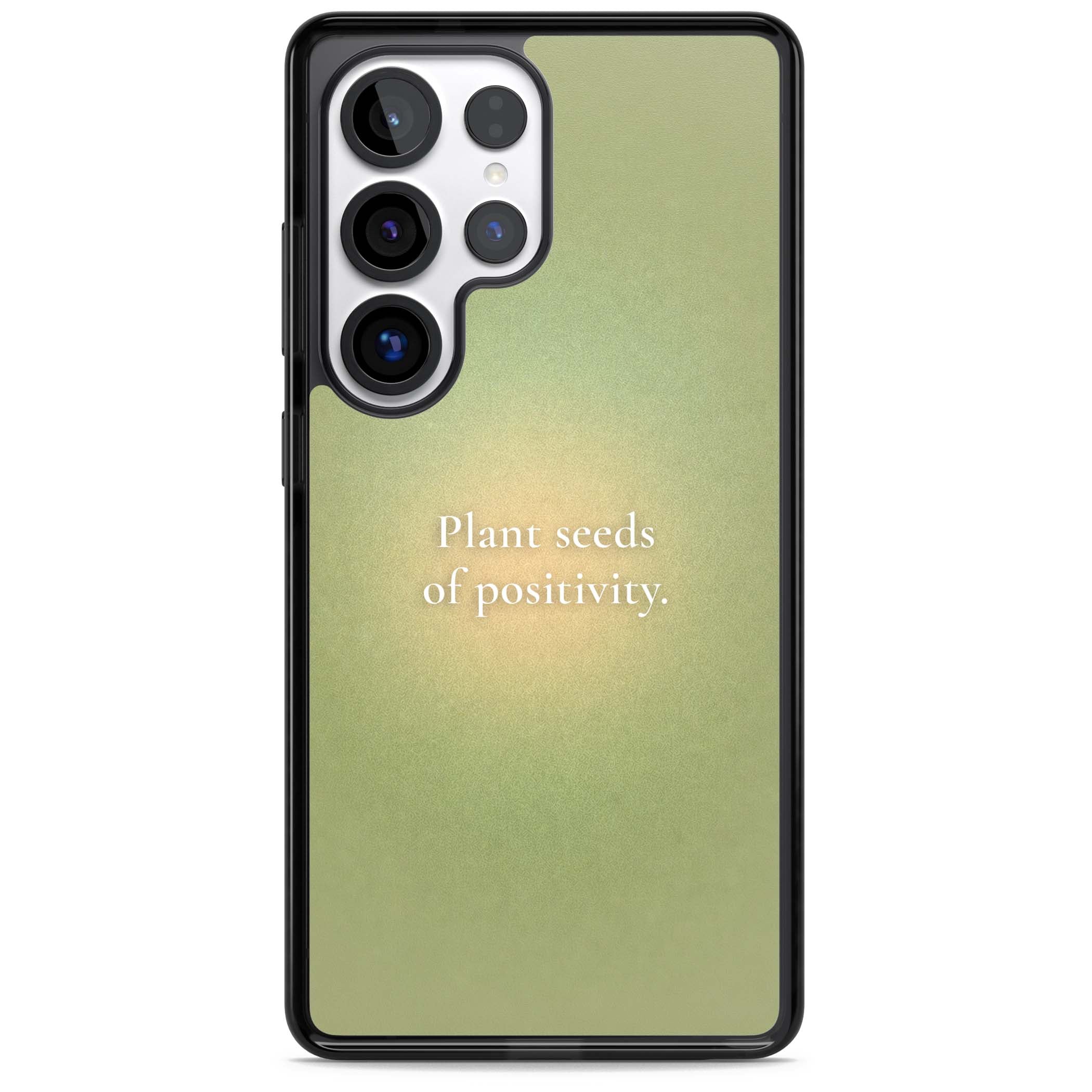 Seeds of Positivity quote iPhone case featuring a sage green aura gradient and golden glow affirmation | Black Impact case for Samsung Galaxy S25 Ultra