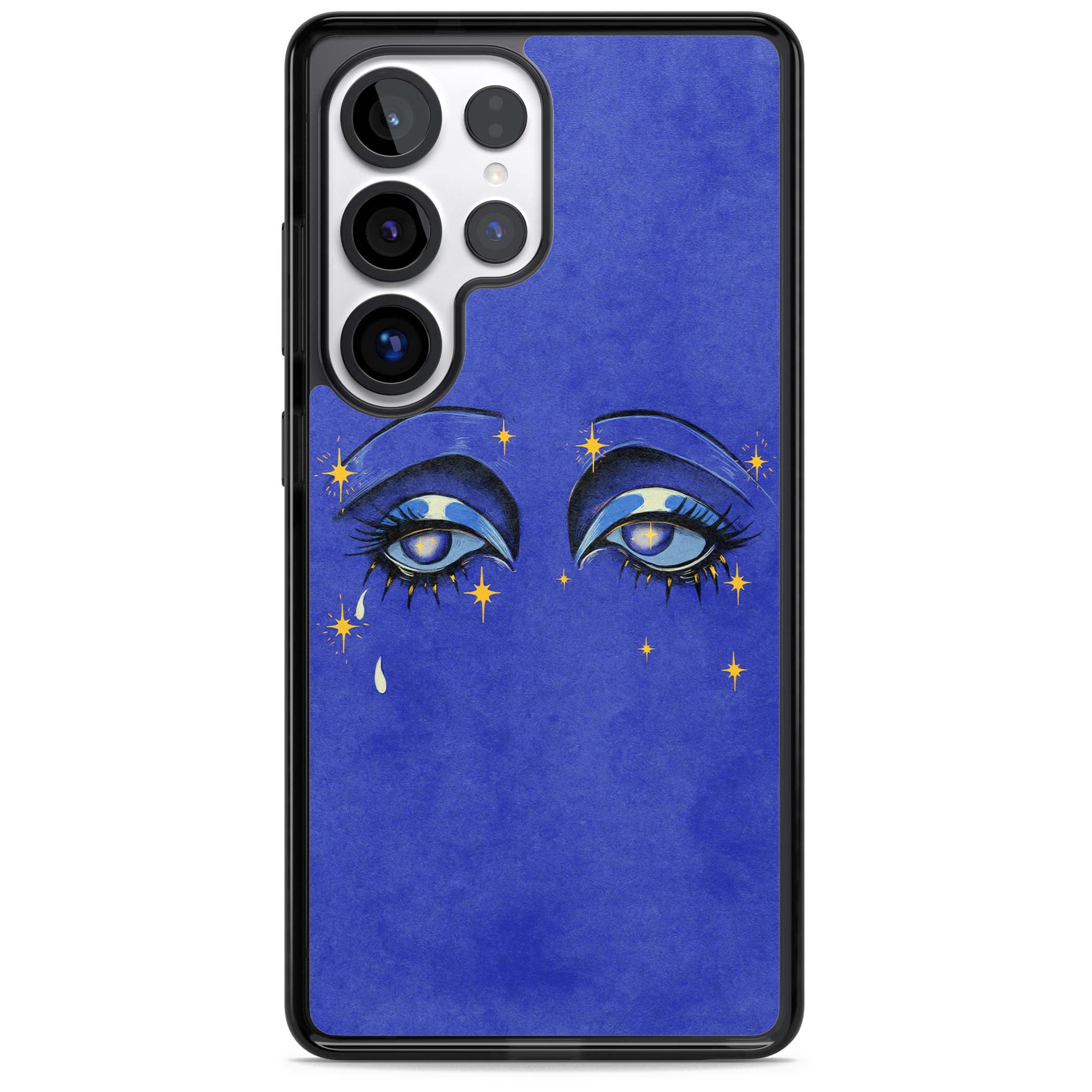 Blue Mystic Eyes celestial iPhone case featuring hand drawn blue mystical eyes, golden stars and a painted tear on indigo | Black Impact case for Samsung Galaxy S25 Ultra
