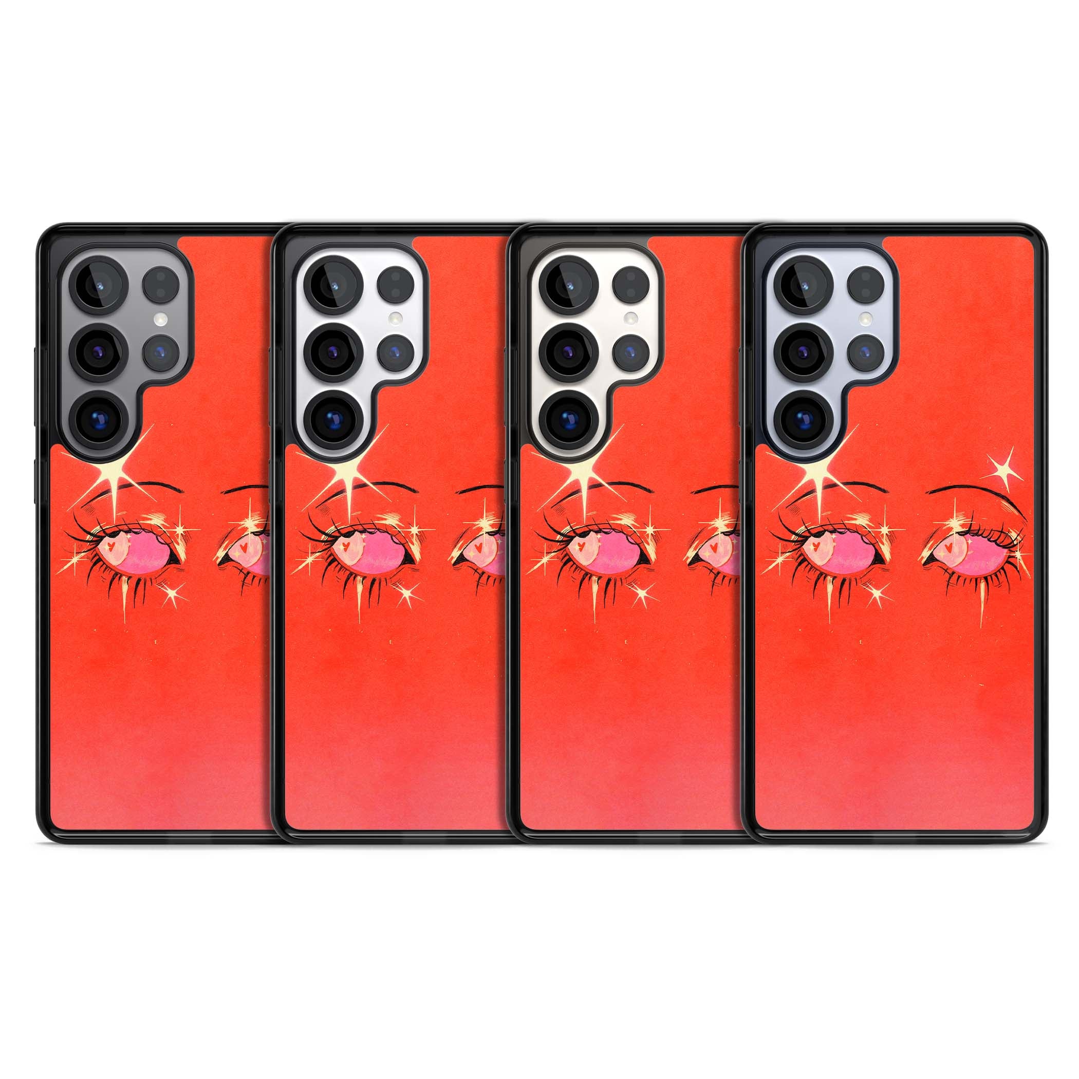 Pink Ethereal Eyes anime iPhone case featuring hand-drawn sparkly eyes with pink hearts and gold stars on red | Black Impact case for Samsung Galaxy S25 Ultra